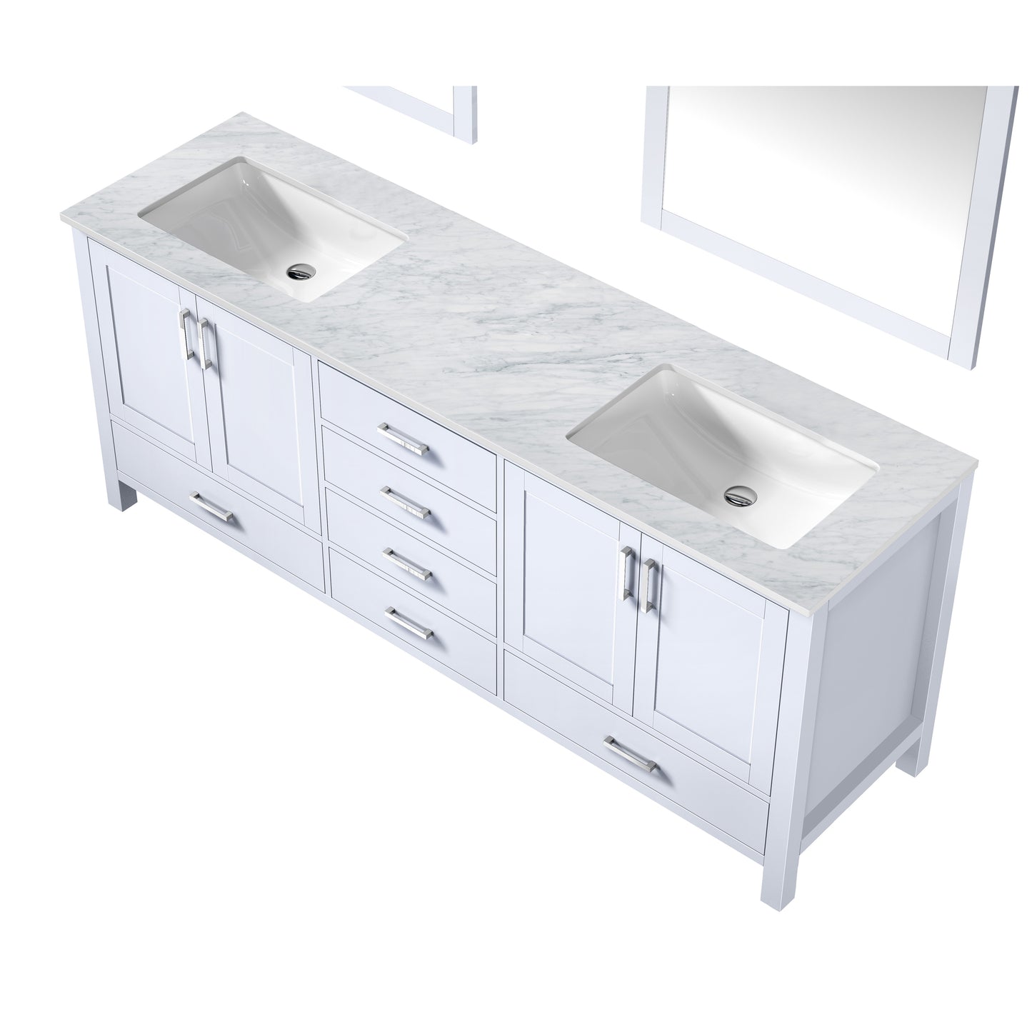 Jacques 80" White Double Vanity, White Carrara Marble Top, White Square Sinks and 30" Mirrors
