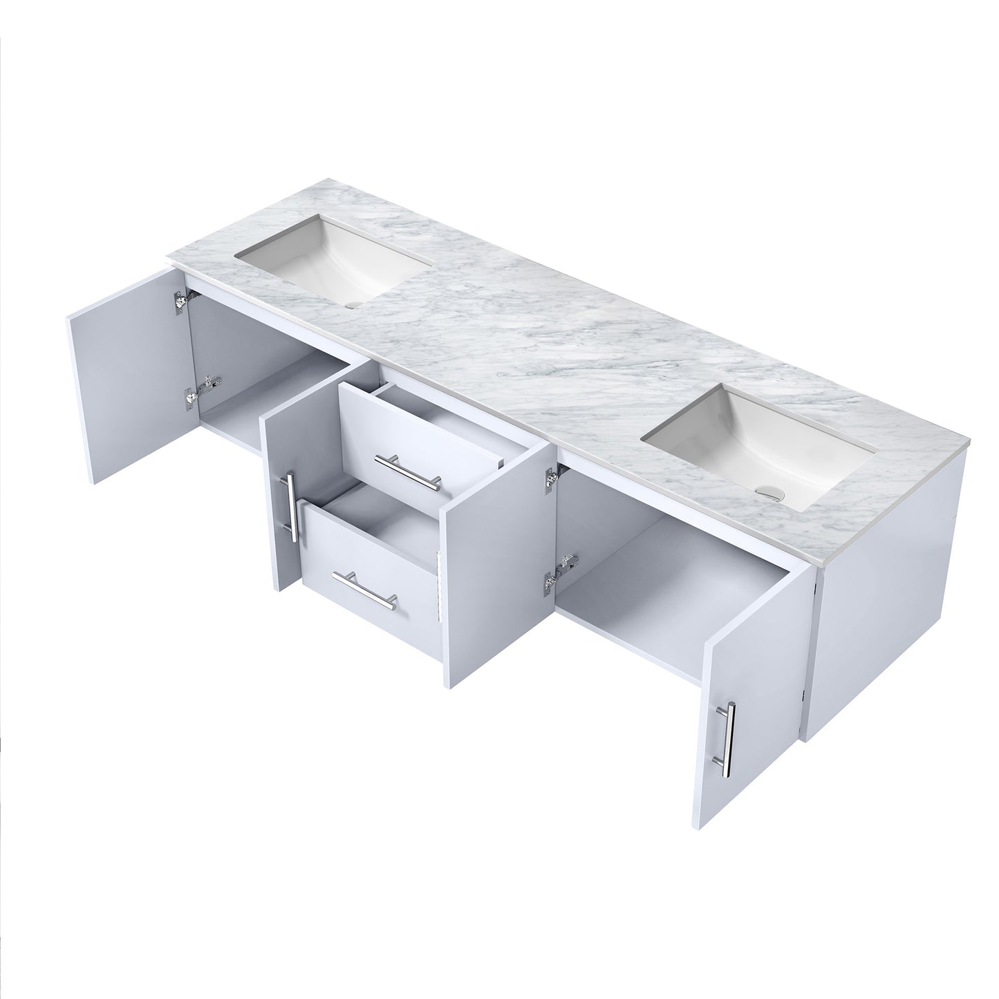 Geneva 72" Glossy White Double Vanity, White Carrara Marble Top, White Square Sinks and no Mirror