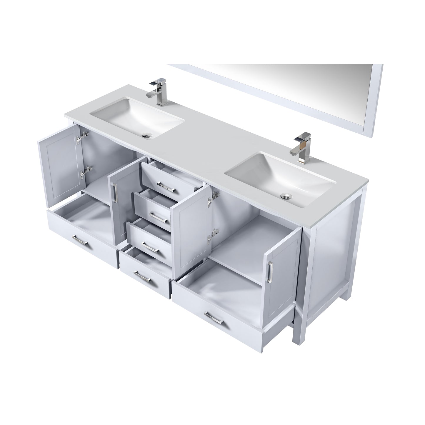 Jacques 72" White Double Vanity, White Quartz Top, White Square Sinks and 70" Mirror