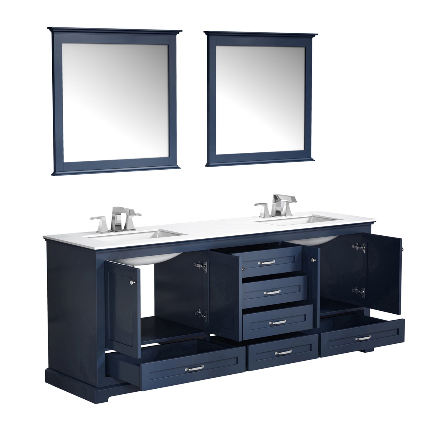 Dukes 80" Navy Blue Double Vanity, White Quartz Top, White Square Sinks and 30" Mirrors w/ Faucets