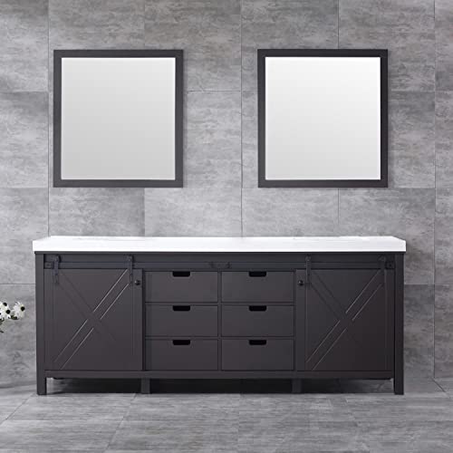 Lexora Marsyas 84-inch Brown Double Vanity, White Quartz Top, White Square Sinks and 34-inch Mirrors