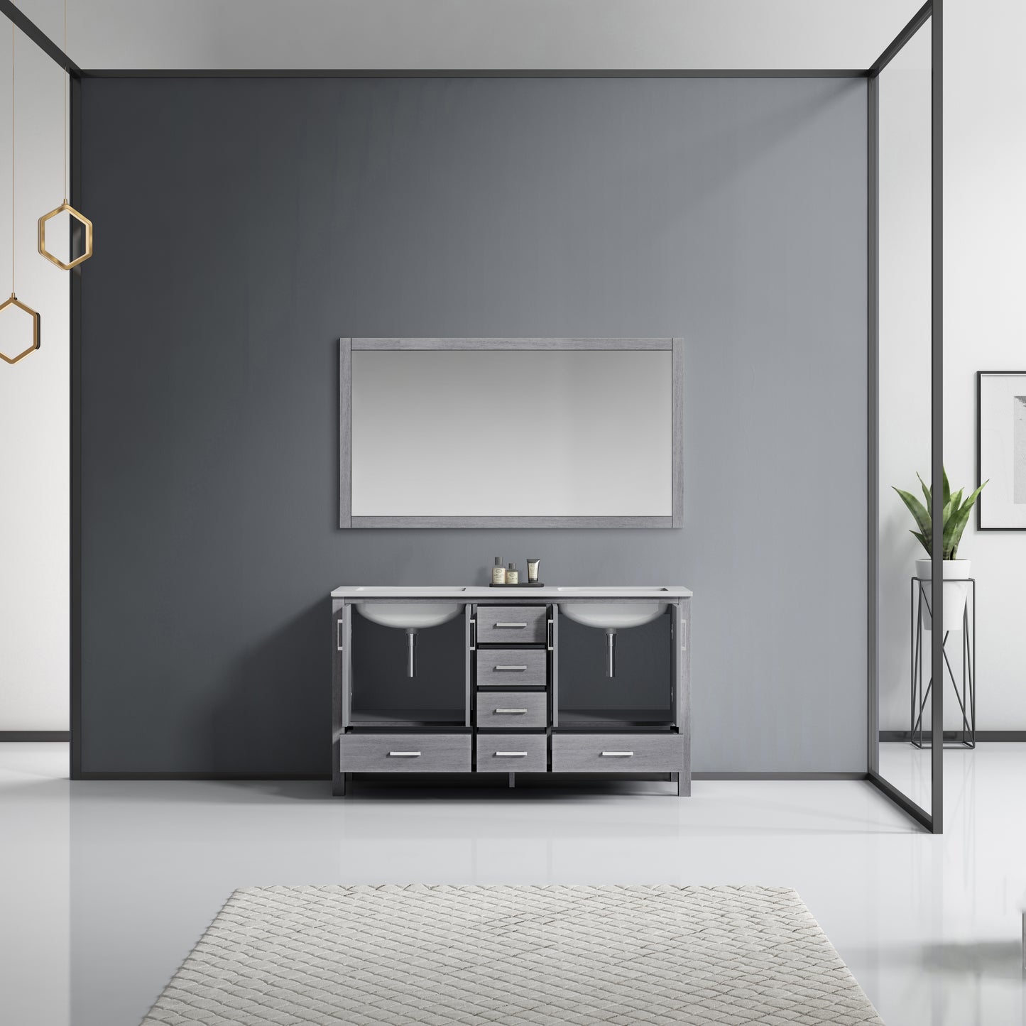 Jacques 60" Distressed Grey Double Vanity, White Quartz Top, White Square Sinks and 58" Mirror w/ Faucets