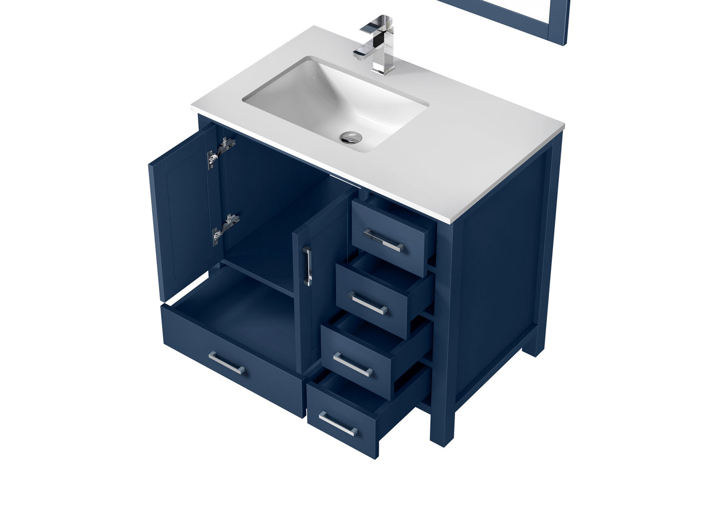 Jacques 36" Navy Blue Single Vanity, White Quartz Top, White Square Sink and no Mirror - Left Version
