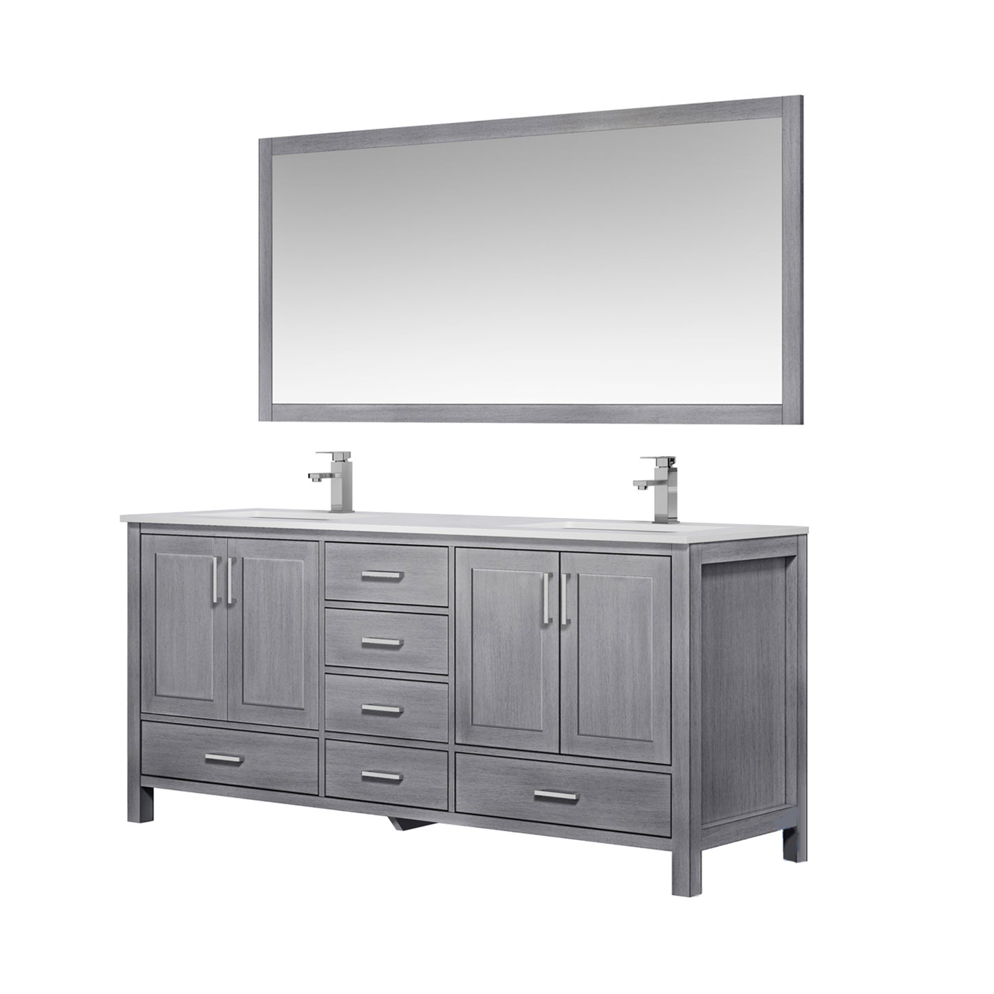 Jacques 72" Distressed Grey Double Vanity, White Quartz Top, White Square Sinks and 70" Mirror