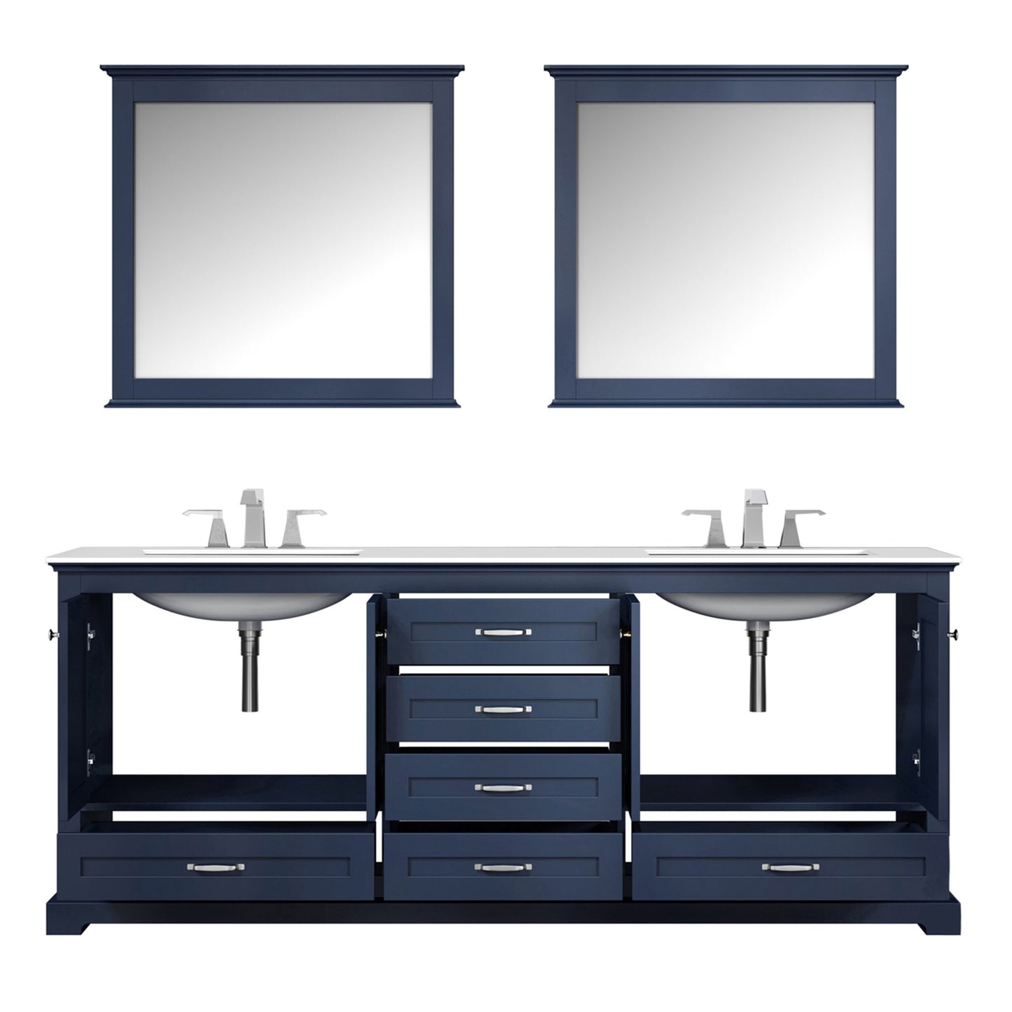 Dukes 80" Navy Blue Double Vanity, White Quartz Top, White Square Sinks and 30" Mirrors w/ Faucets