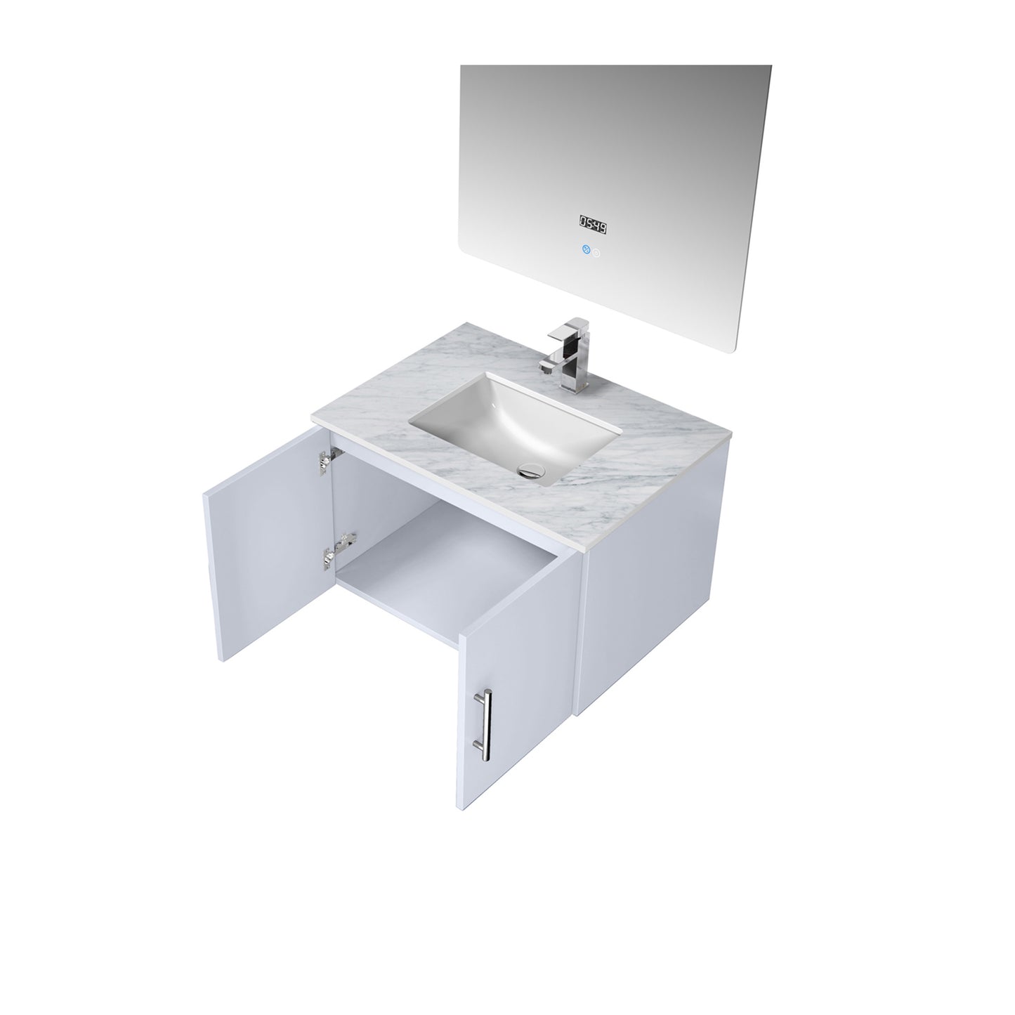 Geneva 30" Glossy White Single Vanity, White Carrara Marble Top, White Square Sink and 30" LED Mirror w/ Faucet