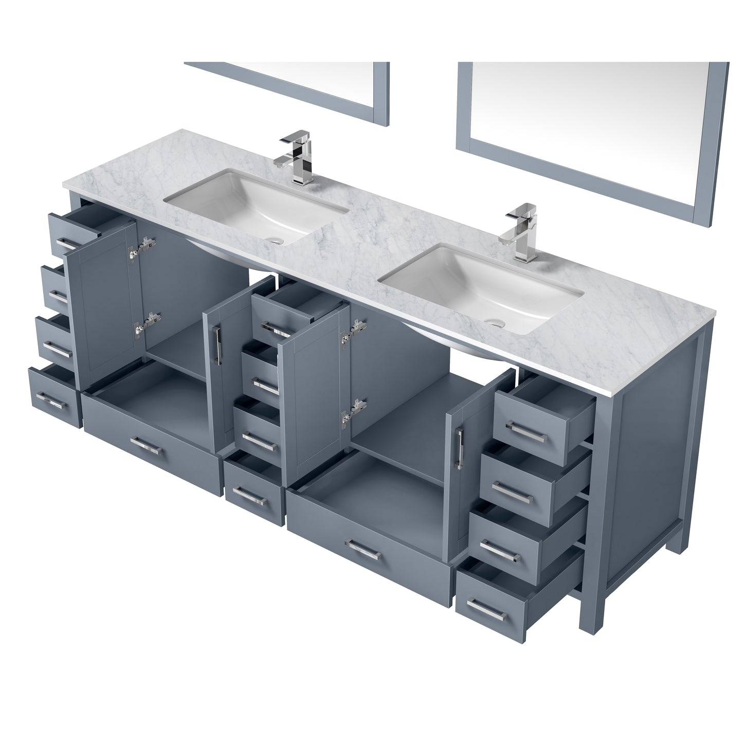 Jacques 84" Dark Grey Double Vanity, White Carrara Marble Top, White Square Sinks and 34" Mirrors w/ Faucets