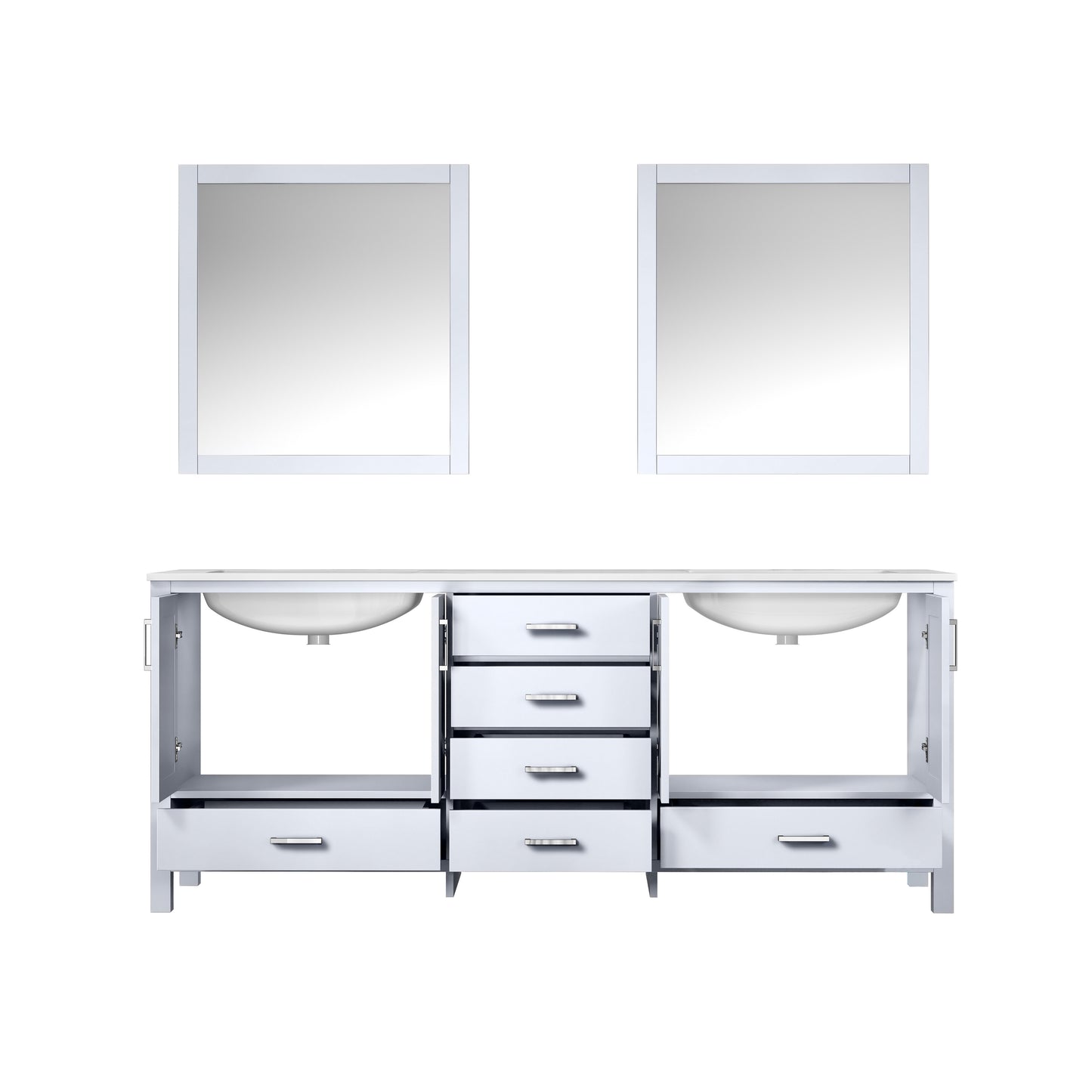 Jacques 80" White Double Vanity, White Carrara Marble Top, White Square Sinks and 30" Mirrors