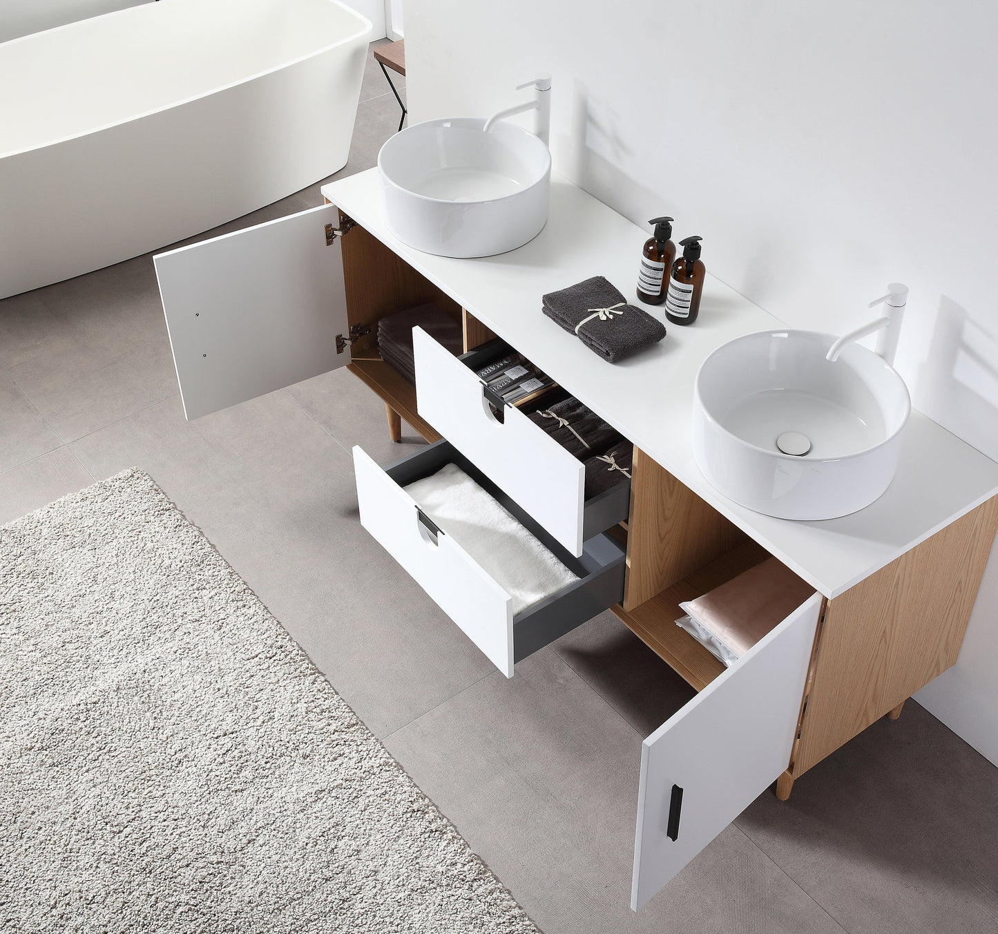 PORTREE 72” MATTE WHITE MID-CENTURY FREESTANDING BATHROOM VANITY