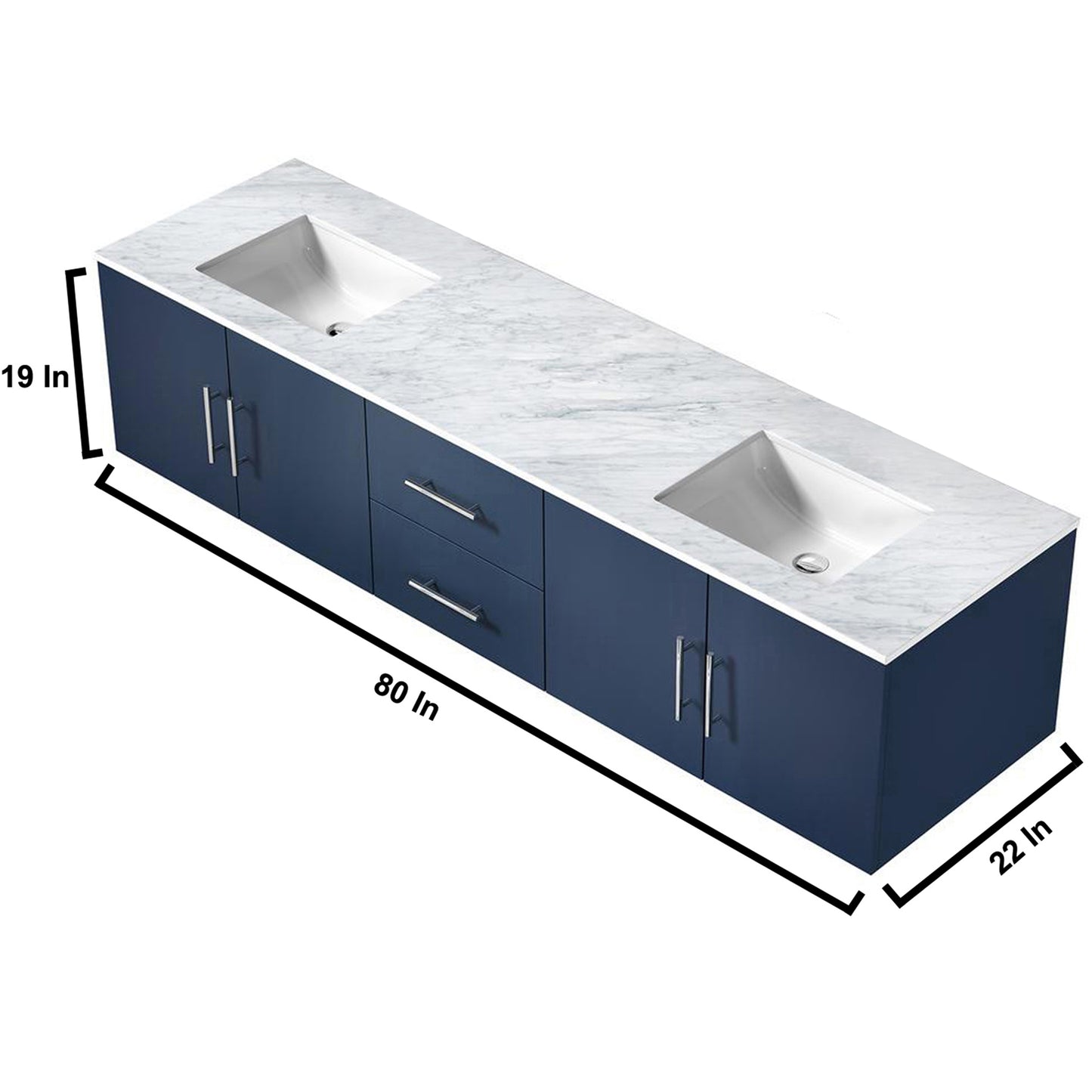 Geneva 80" Navy Blue Double Vanity, White Carrara Marble Top, White Square Sinks and 30" LED Mirrors