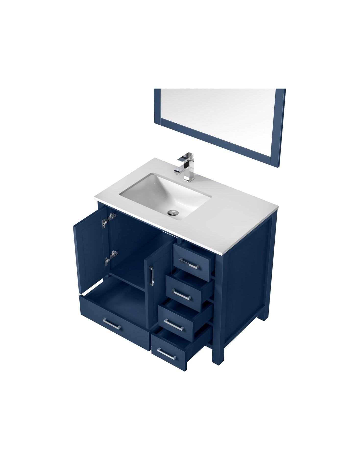 Jacques 36" Navy Blue Single Vanity, White Quartz Top, White Square Sink and 34" Mirror w/ Faucet - Left Version