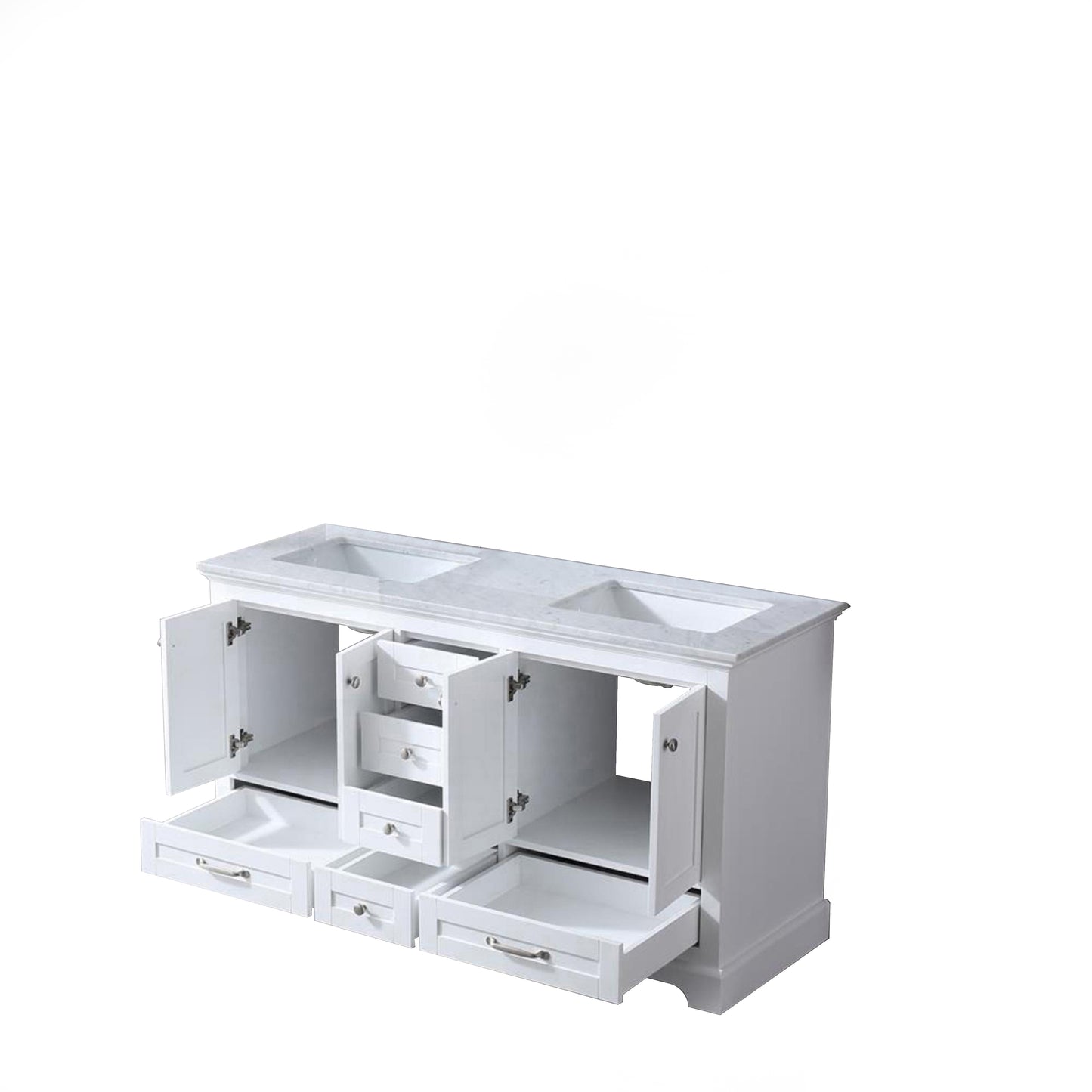 Dukes 60" White Double Vanity, White Carrara Marble Top, White Square Sinks and no Mirror