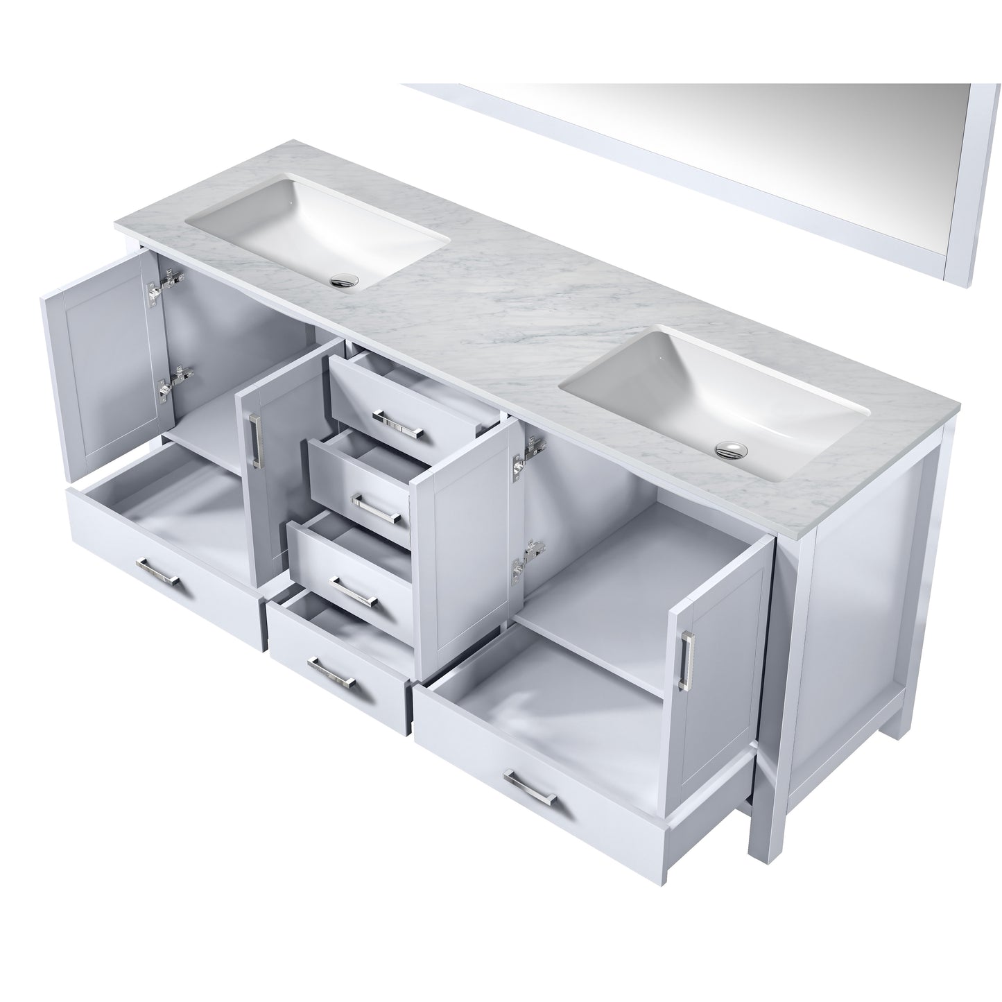 Jacques 72" White Double Vanity, White Carrara Marble Top, White Square Sinks and 70" Mirror