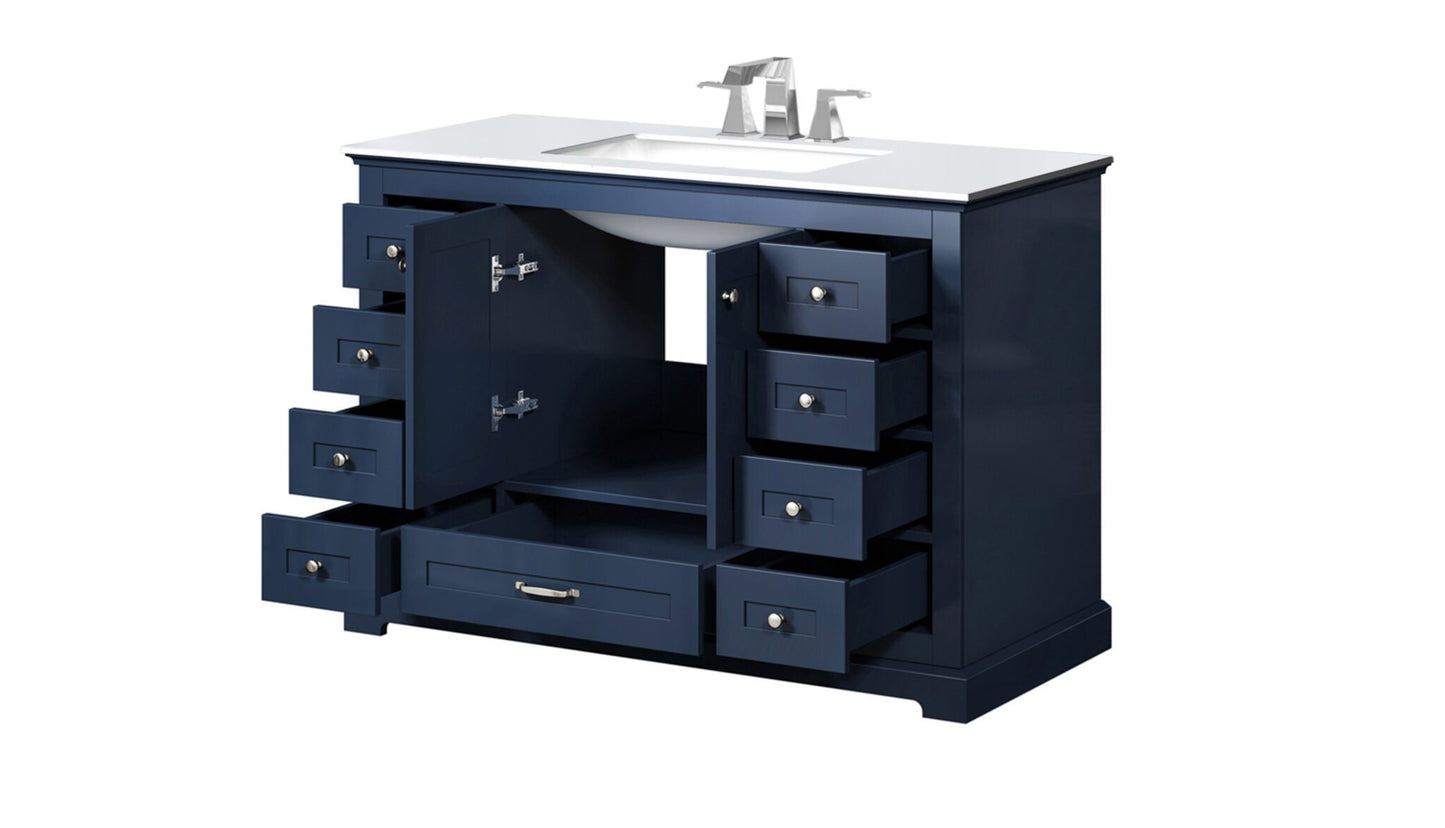 Dukes 48" Navy Blue Single Vanity, White Quartz Top, White Square Sink and no Mirror