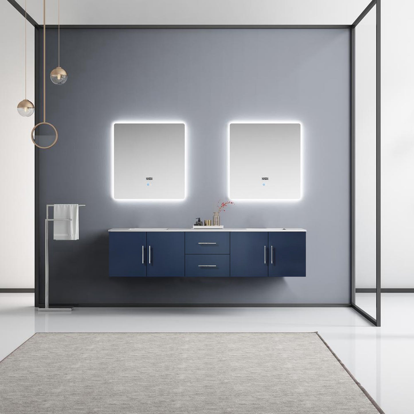 Geneva 80" Navy Blue Double Vanity, White Carrara Marble Top, White Square Sinks and 30" LED Mirrors