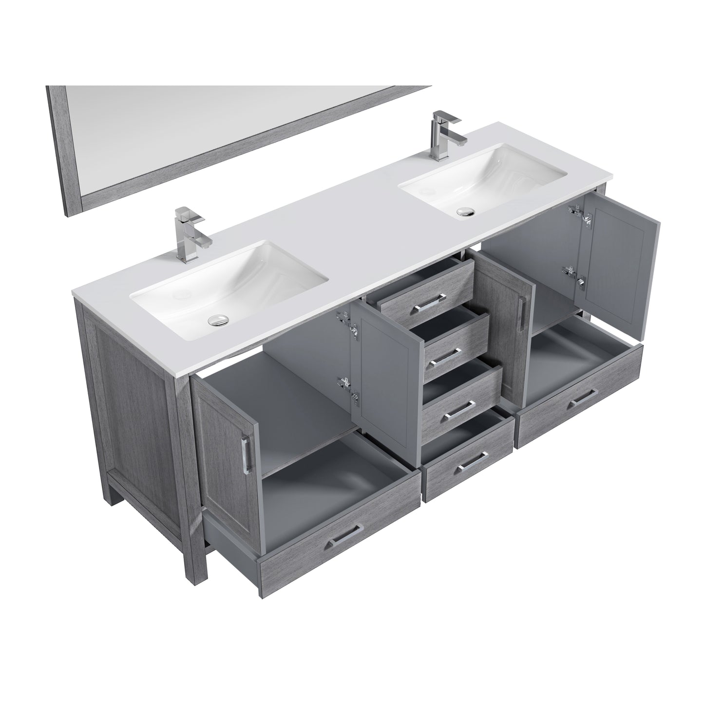 Jacques 72" Distressed Grey Double Vanity, White Quartz Top, White Square Sinks and 70" Mirror