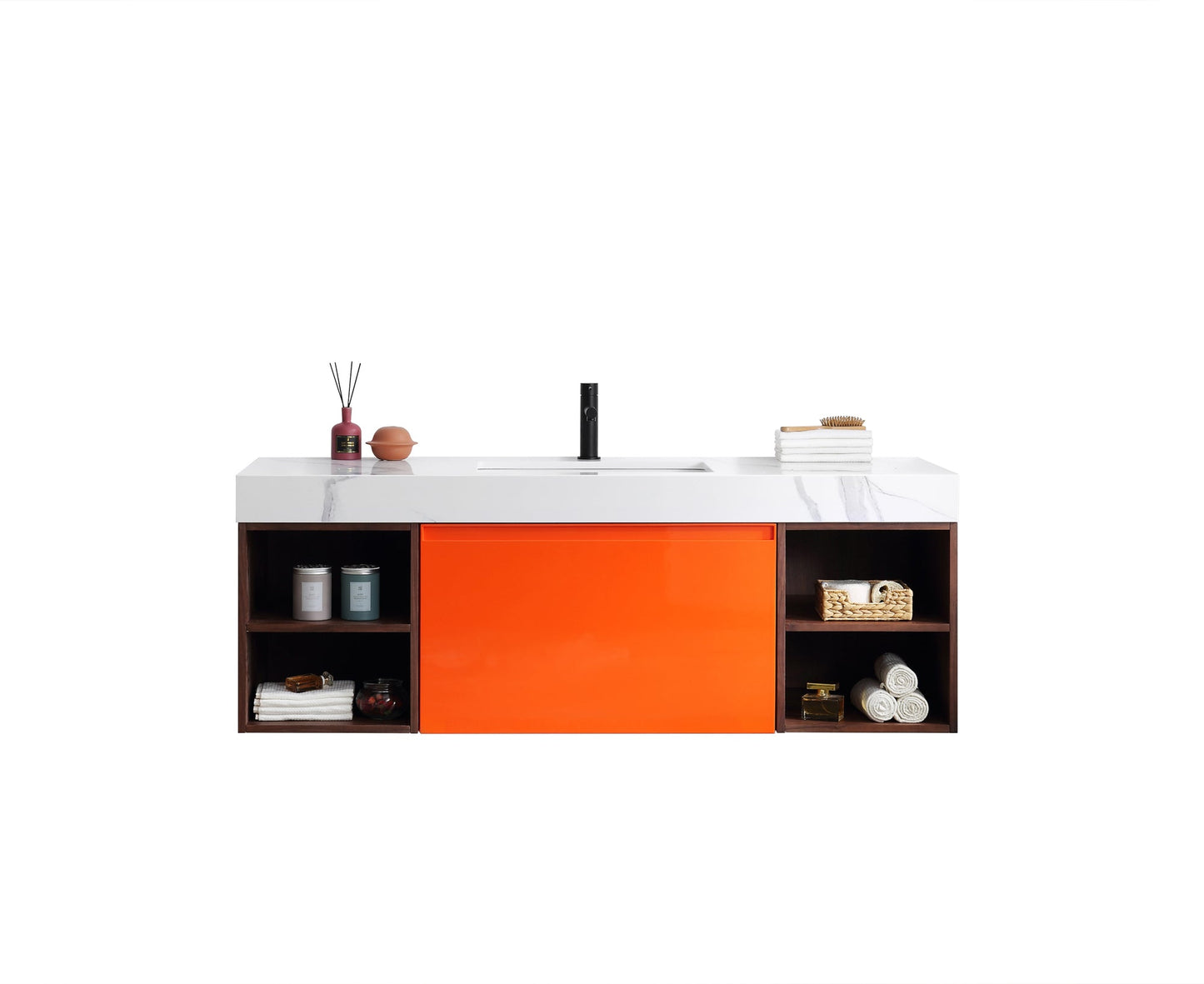 MANAROLA 60” RED AMBER WITH THICK QUARTZ WALL MOUNT MODERN BATHROOM VANITY (OPEN SHELVES)