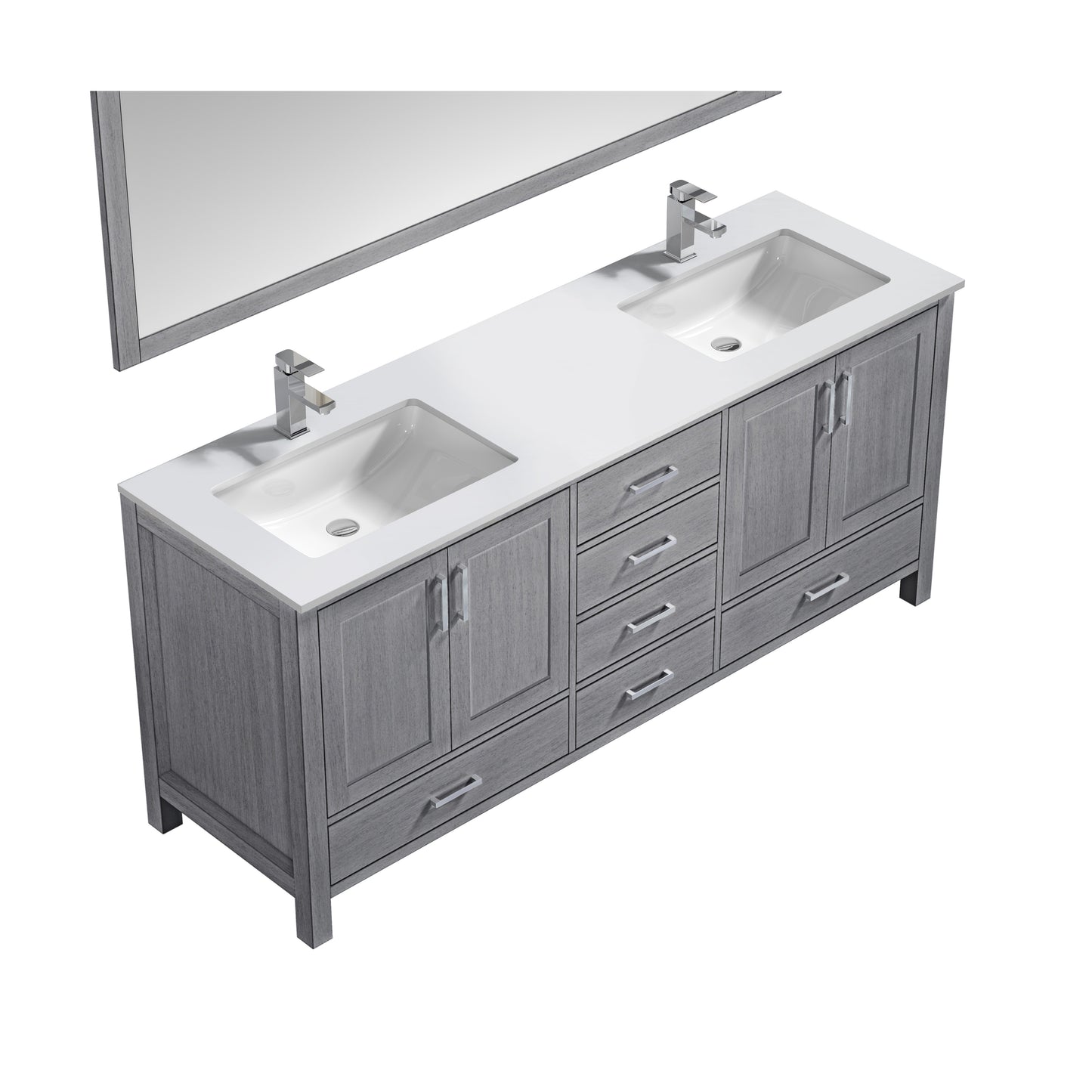 Jacques 72" Distressed Grey Double Vanity, White Quartz Top, White Square Sinks and 70" Mirror