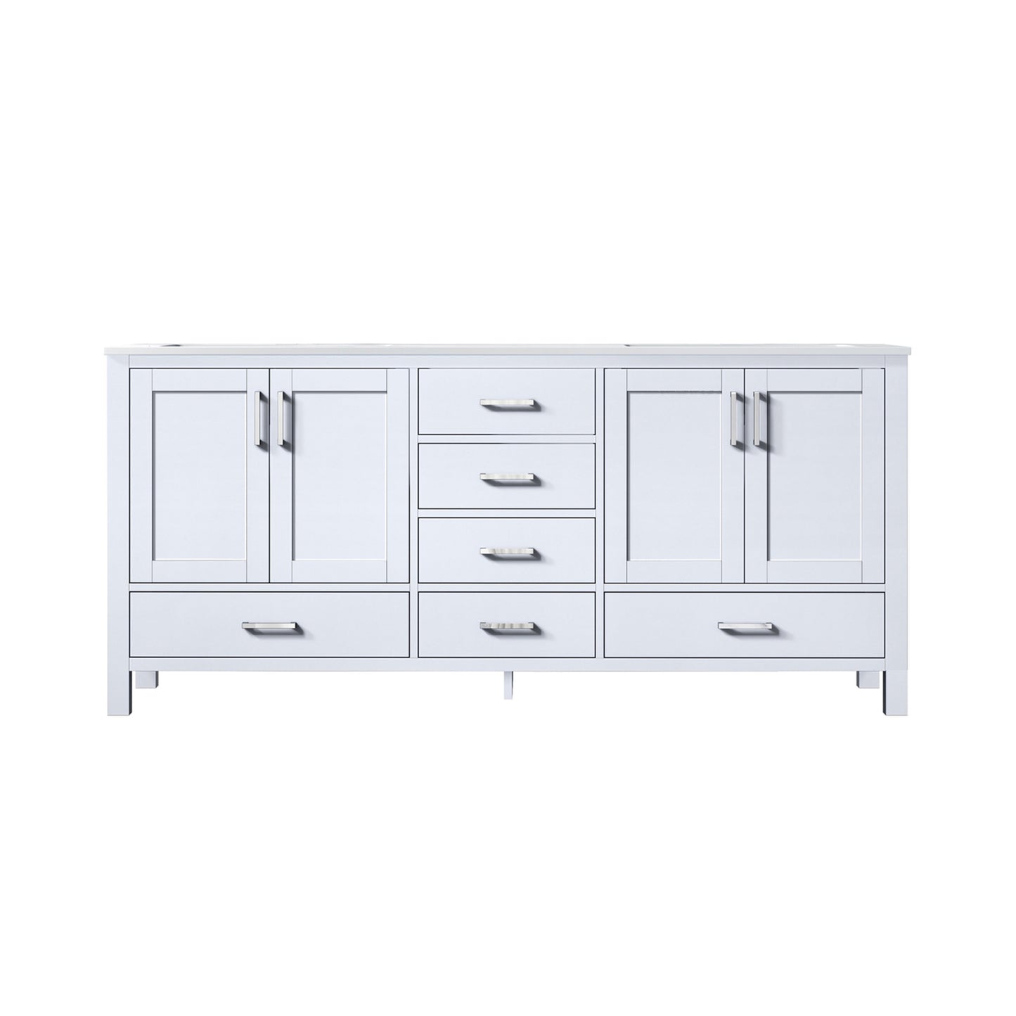 Jacques 72" White Double Vanity, White Carrara Marble Top, White Square Sinks and no Mirror