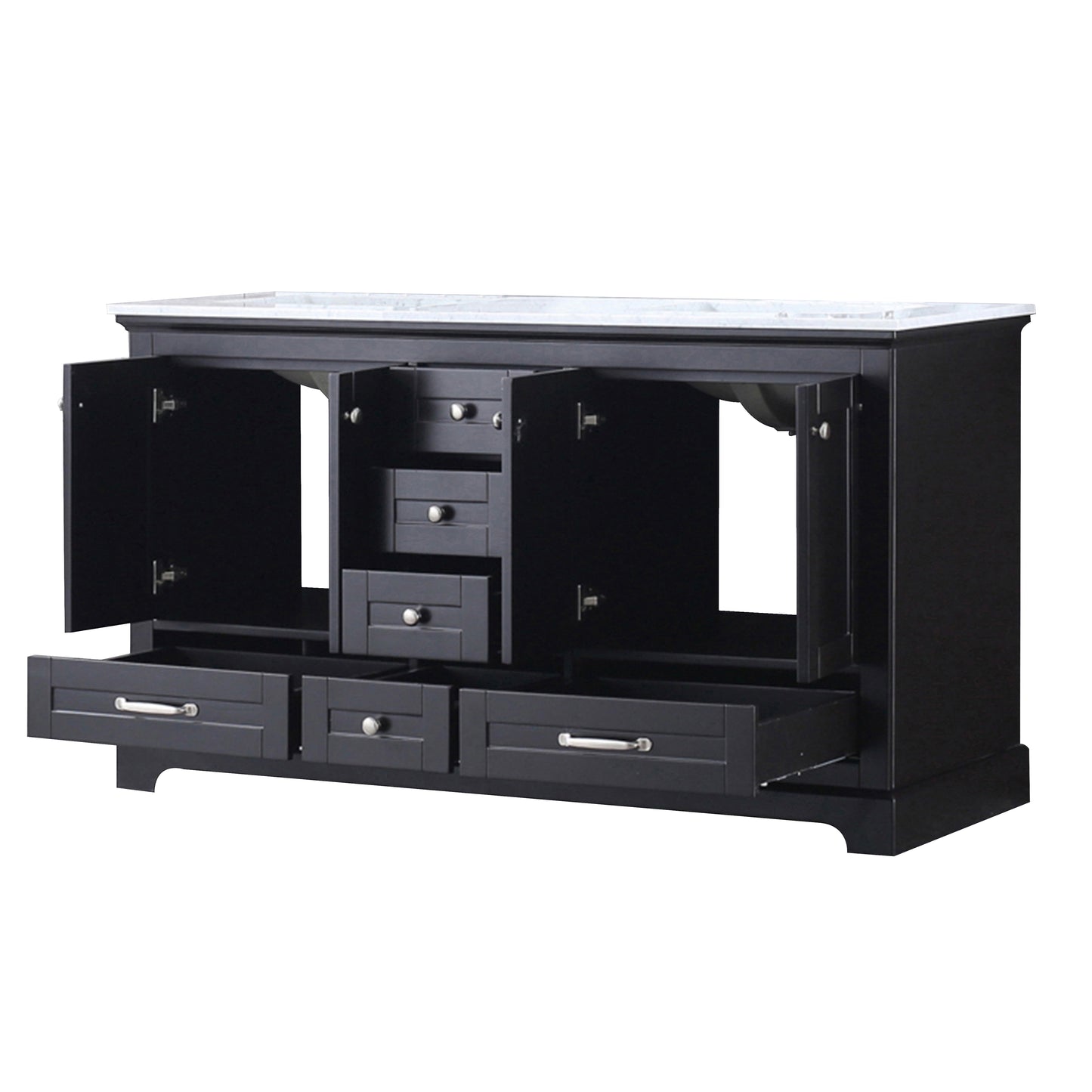 Dukes 60" Espresso Double Vanity, White Carrara Marble Top, White Square Sinks and no Mirror