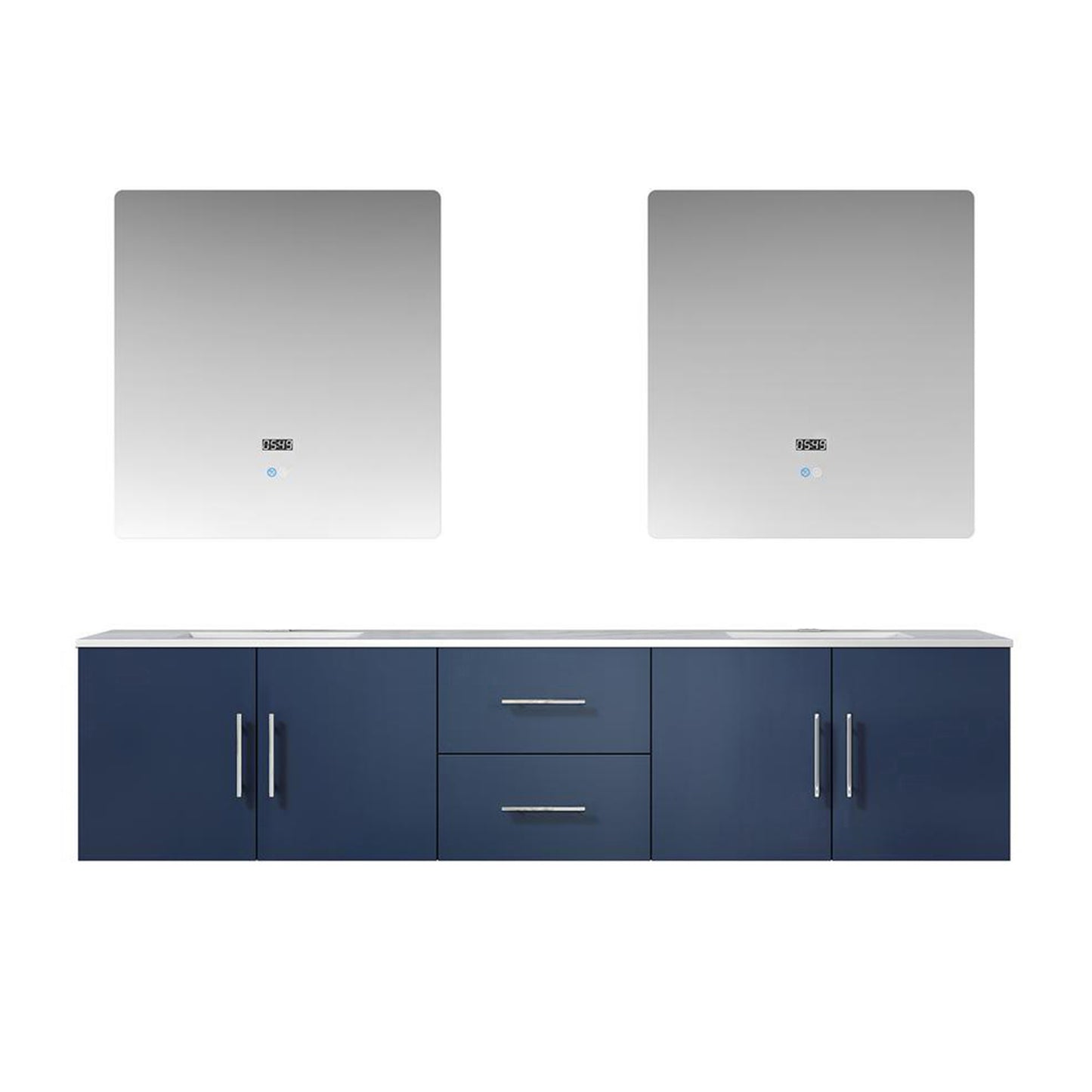 Geneva 80" Navy Blue Double Vanity, White Carrara Marble Top, White Square Sinks and 30" LED Mirrors