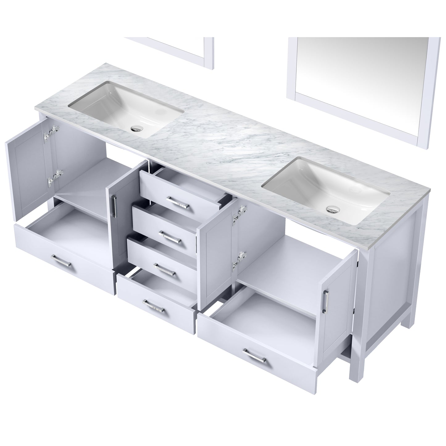 Jacques 80" White Double Vanity, White Carrara Marble Top, White Square Sinks and 30" Mirrors