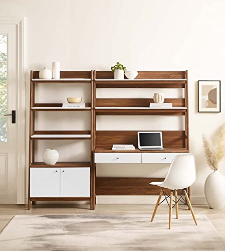 Modway 2-Piece Home Office Desk and Bookshelf Display Case in Walnut White