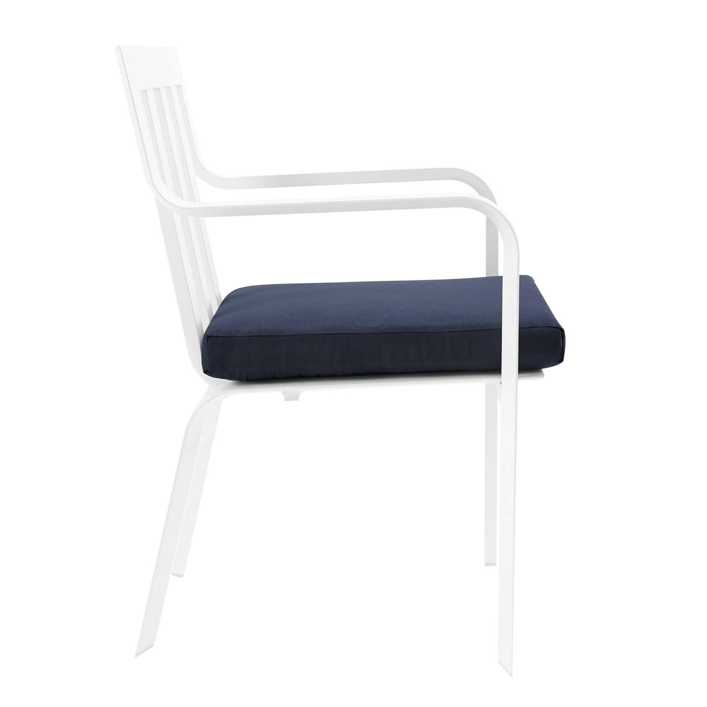 Modway Baxley Stackable Metal Patio Dining Armchair in White and Navy (Set of 2)