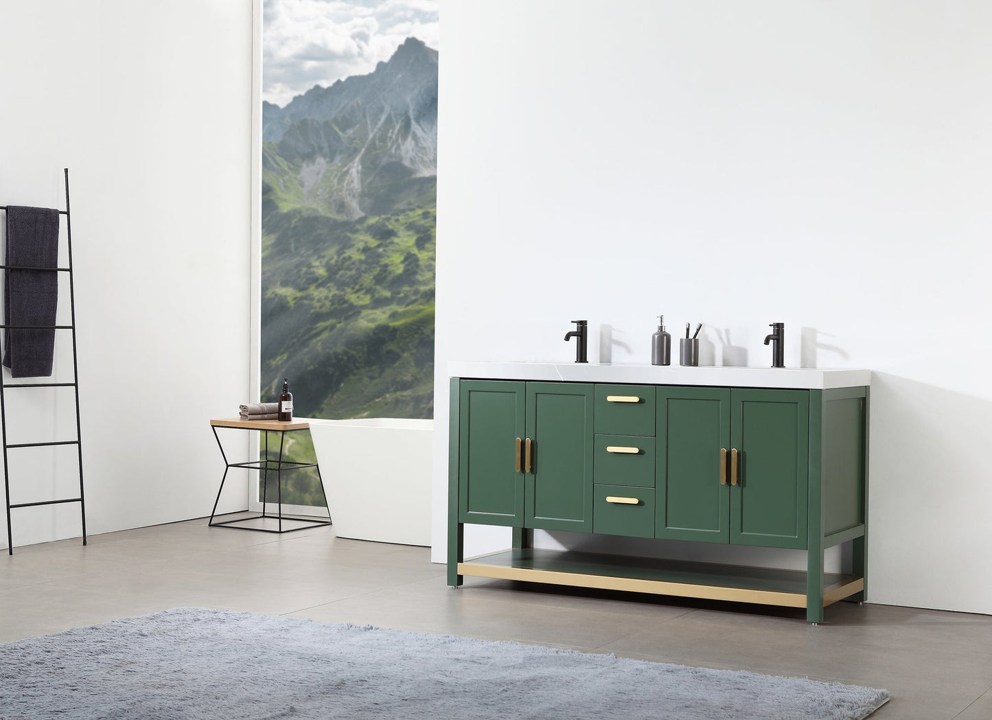 WINCHESTER 60” FOREST GREEN FREESTANDING MODERN BATHROOM VANITY (WHITE COUNTERTOP)