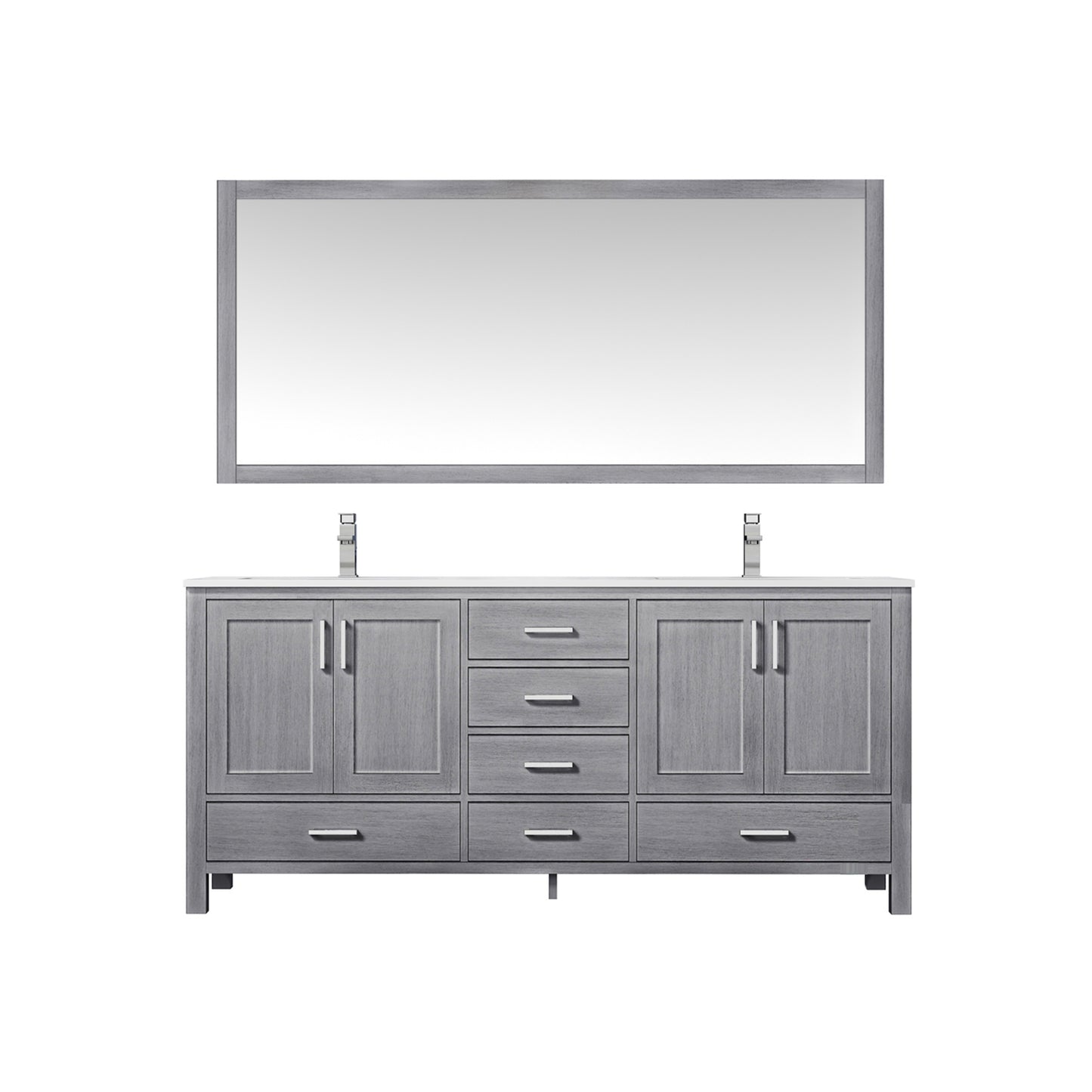 Jacques 72" Distressed Grey Double Vanity, White Quartz Top, White Square Sinks and 70" Mirror