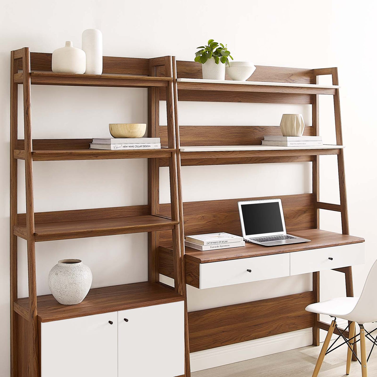 Modway 2-Piece Home Office Desk and Bookshelf Display Case in Walnut White