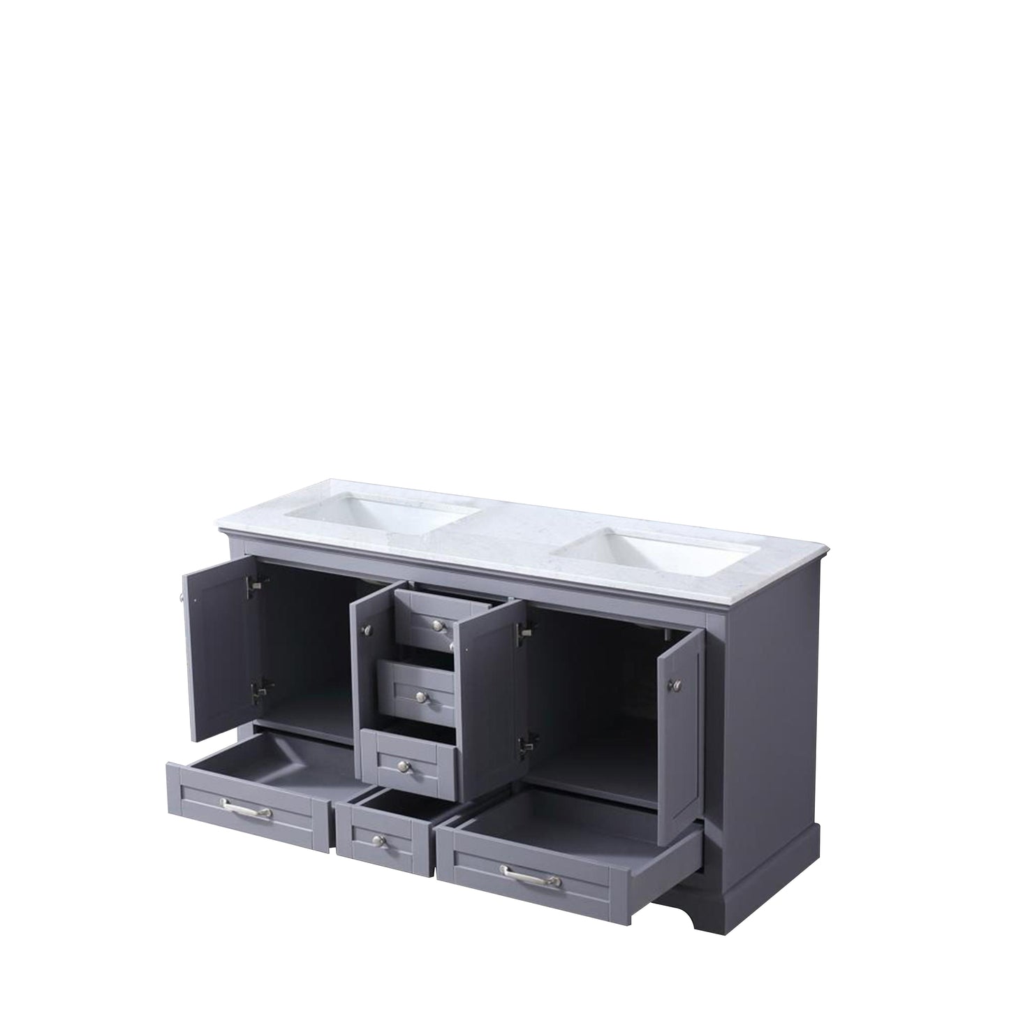 Dukes 60" Dark Grey Double Vanity, White Carrara Marble Top, White Square Sinks and no Mirror