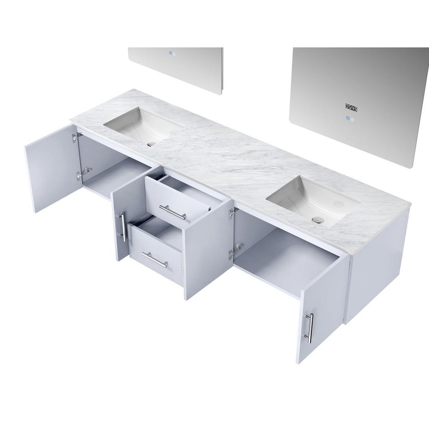 Geneva 80" Glossy White Double Vanity, White Carrara Marble Top, White Square Sinks and 30" LED Mirrors