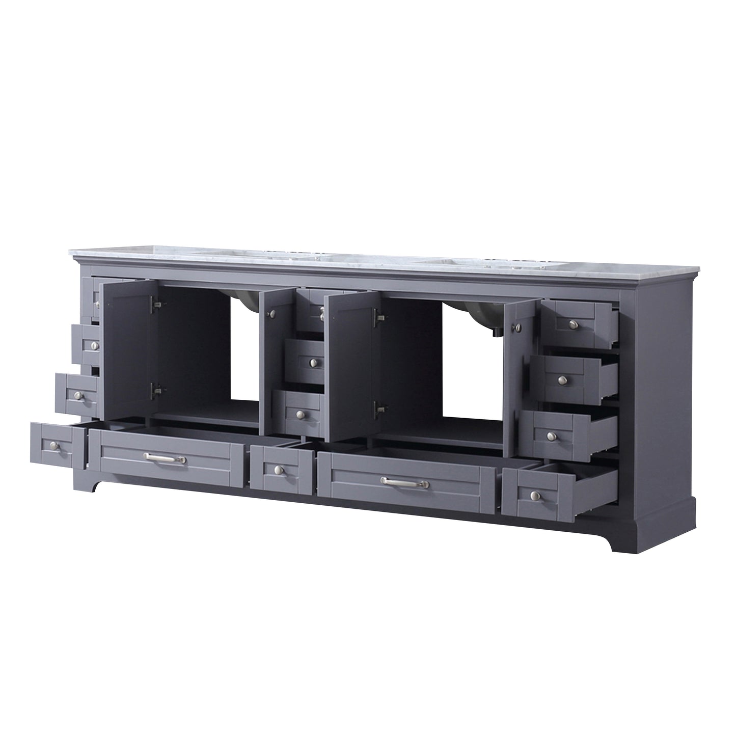 Dukes 84" Dark Grey Double Vanity, White Carrara Marble Top, White Square Sinks and no Mirror