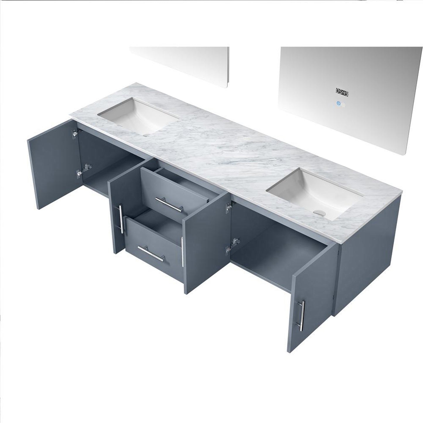 Geneva 72" Dark Grey Double Vanity, White Carrara Marble Top, White Square Sinks and 30" LED Mirrors