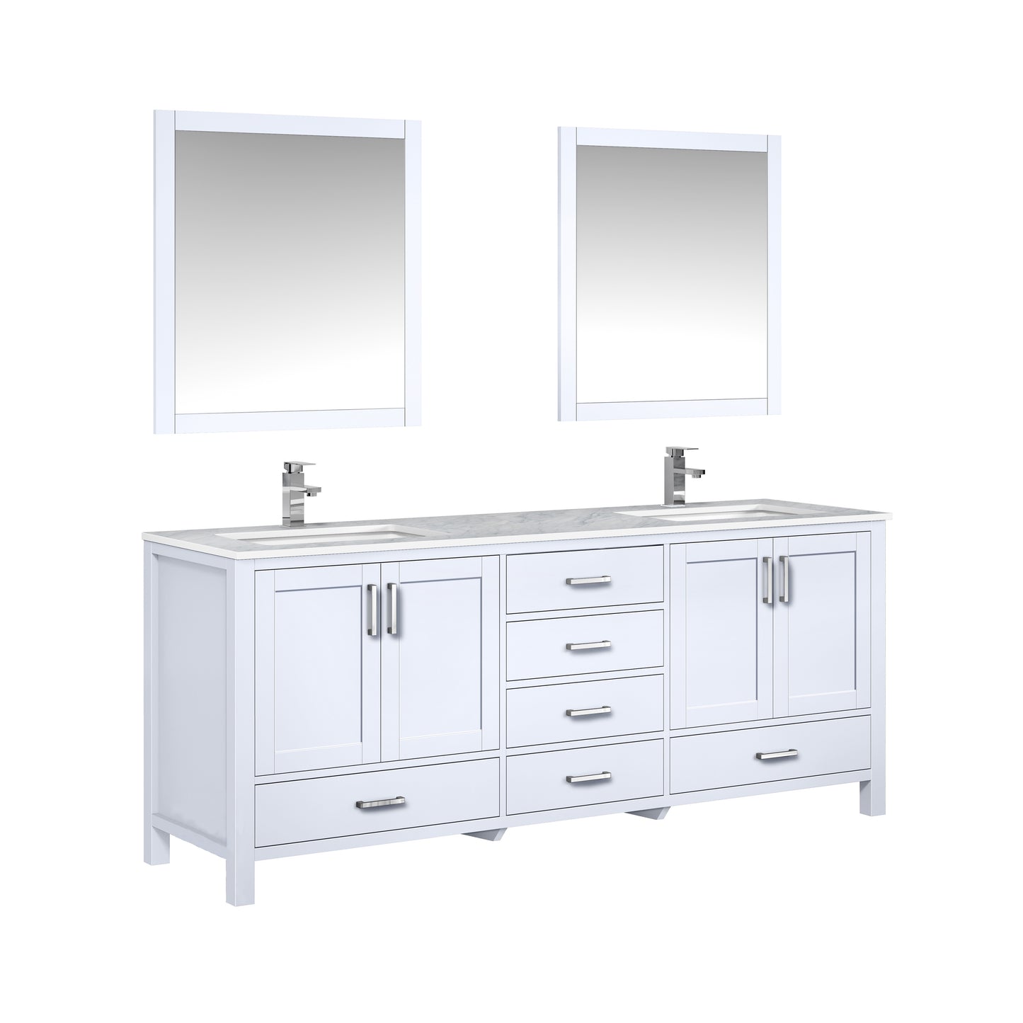 Jacques 80" White Double Vanity, White Carrara Marble Top, White Square Sinks and 30" Mirrors w/ Faucets