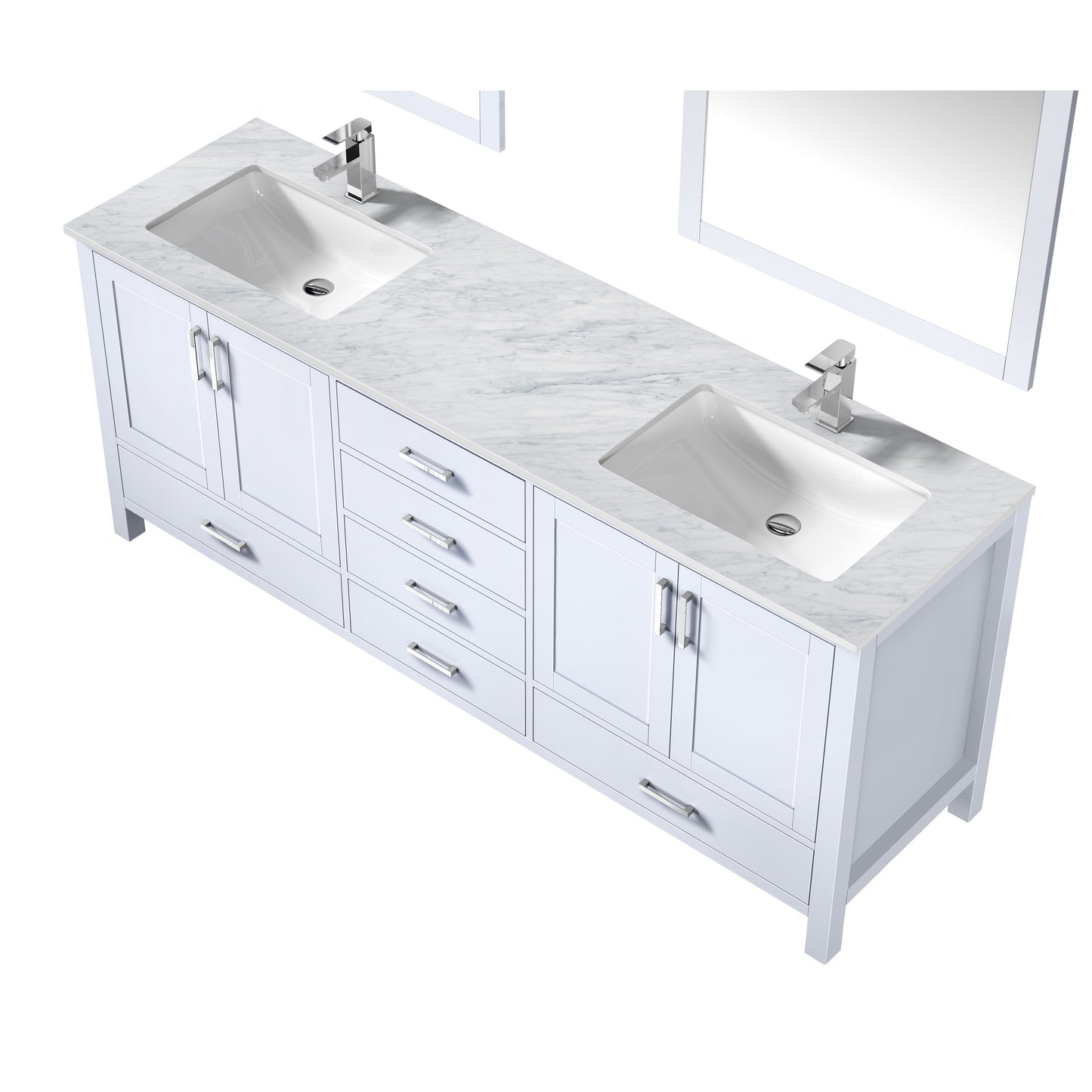 Jacques 80" White Double Vanity, White Carrara Marble Top, White Square Sinks and 30" Mirrors w/ Faucets