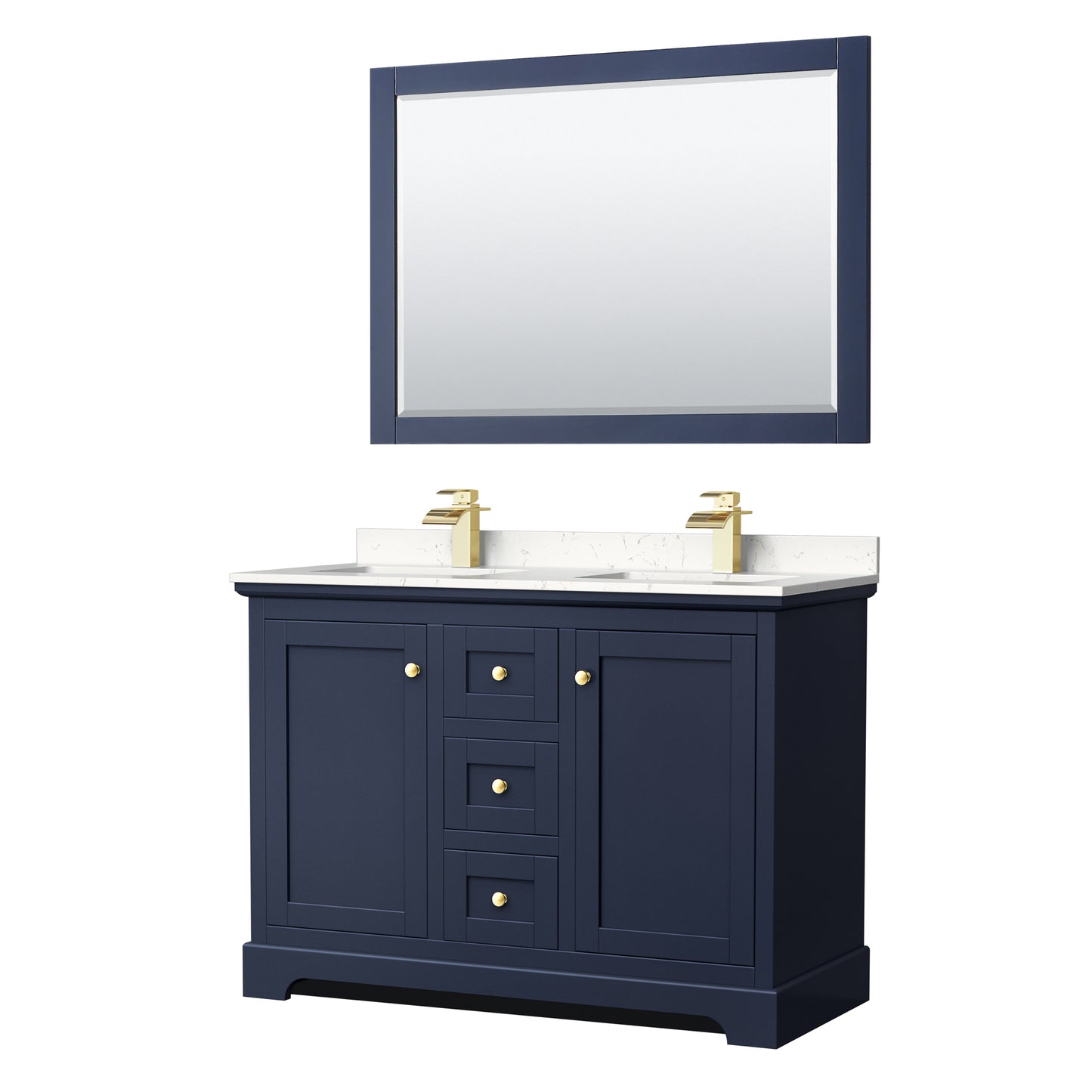 Avery 48 Inch Double Bathroom Vanity in Dark Blue, Carrara Cultured Marble Countertop, Undermount Square Sinks, 46 Inch Mirror