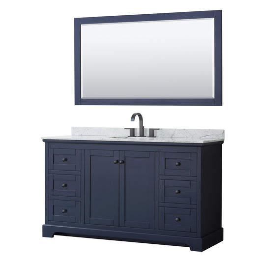 Avery 60 Inch Single Bathroom Vanity in Dark Blue, White Carrara Marble Countertop, Undermount Oval Sink, Matte Black Trim, 58 Inch Mirror