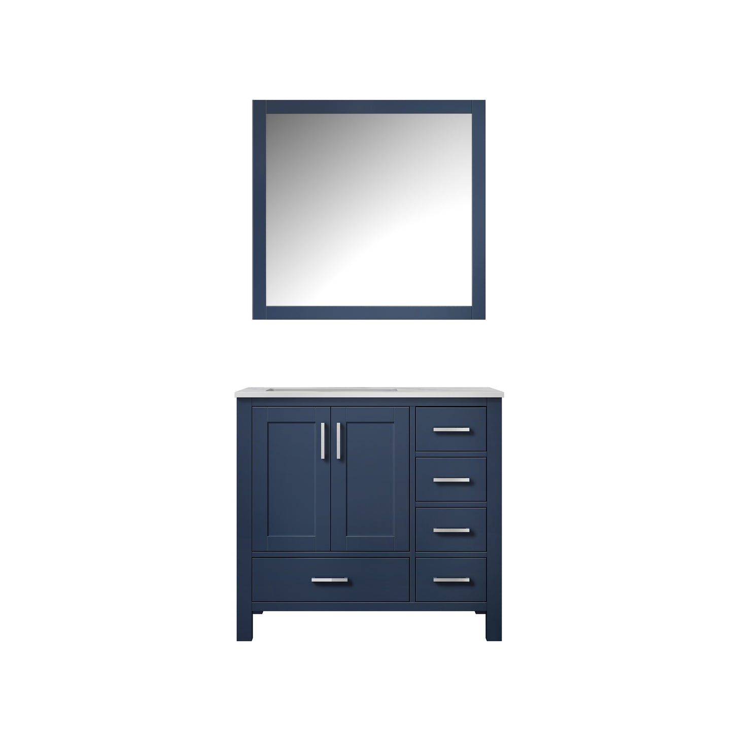 Jacques 36" Navy Blue Single Vanity, White Carrara Marble Top, White Square Sink and 34" Mirror - Left Version