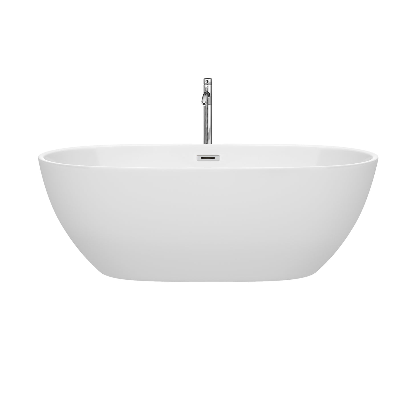 Juno 67 Inch Freestanding Bathtub in White with Floor Mounted Faucet, Drain and Overflow Trim in Polished Chrome