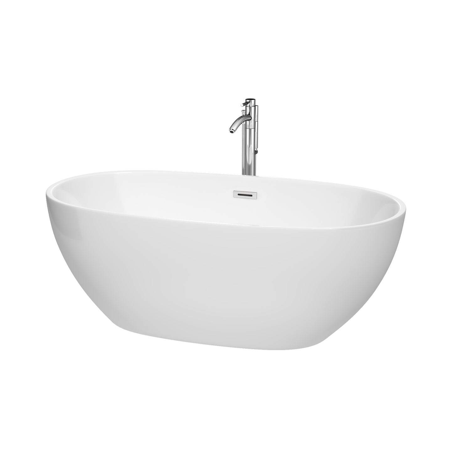 Juno 63 Inch Freestanding Bathtub in White with Floor Mounted Faucet, Drain and Overflow Trim in Polished Chrome