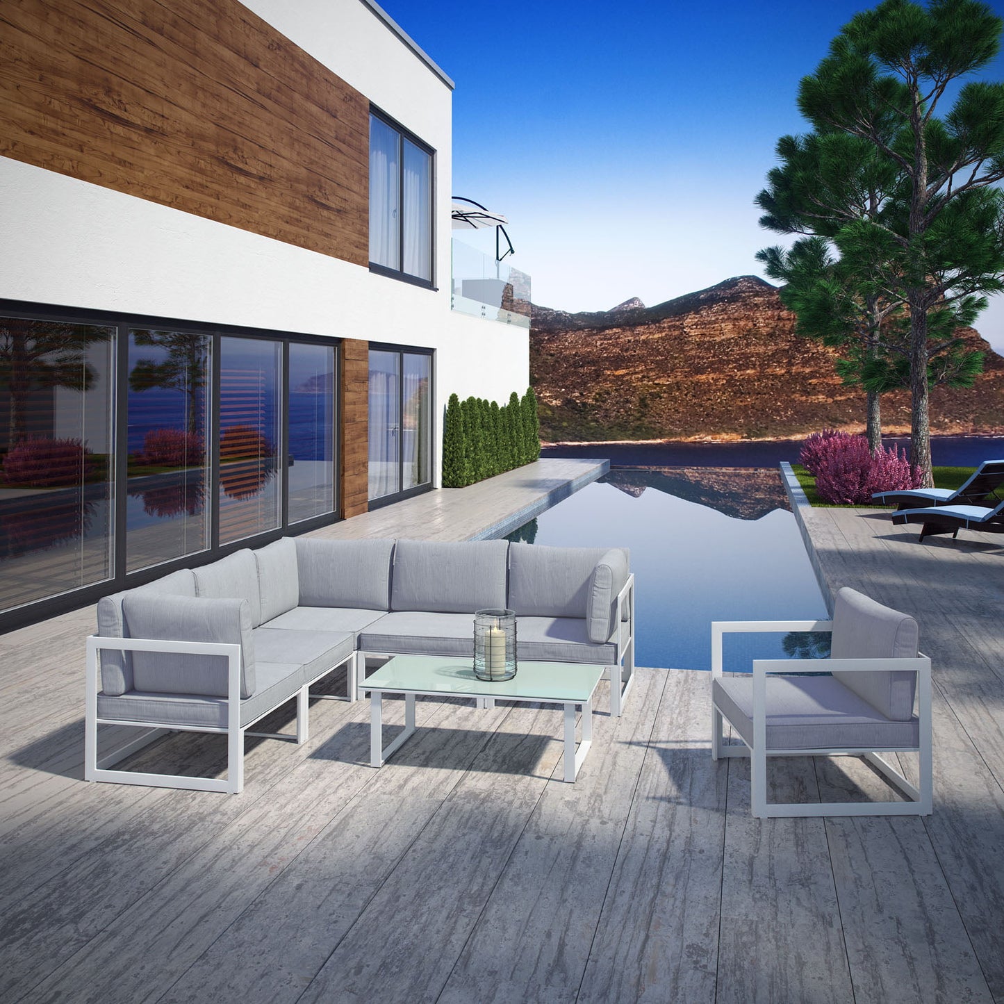 Modway Fortuna 7 Piece Outdoor Patio Sectional Sofa Set in White Gray