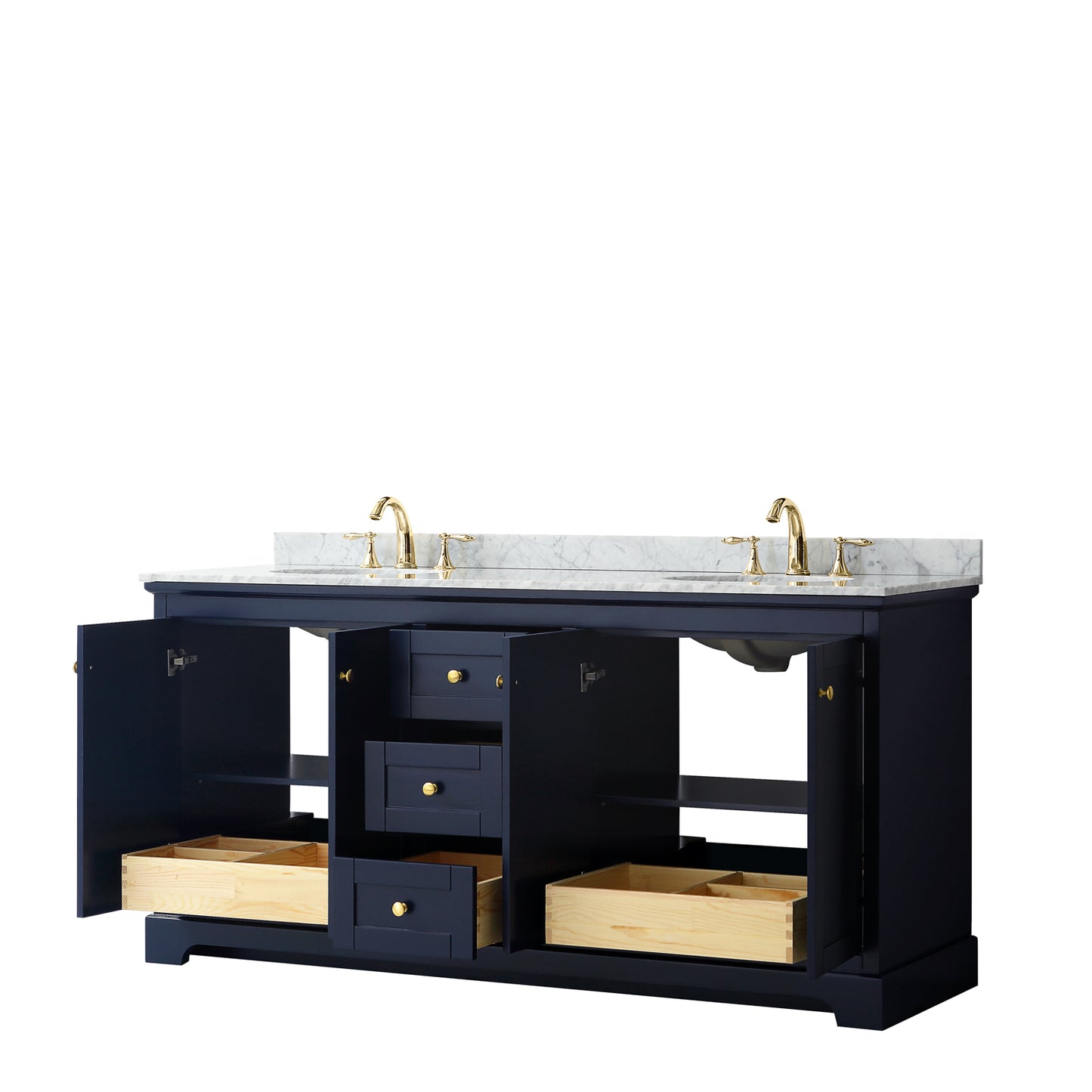 Avery 72 Inch Double Bathroom Vanity in Dark Blue, White Carrara Marble Countertop, Undermount Oval Sinks, and No Mirror