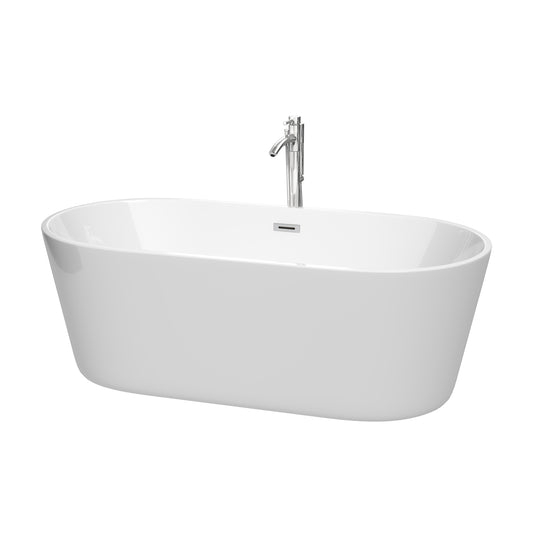 Carissa 67 Inch Freestanding Bathtub in White with Floor Mounted Faucet, Drain and Overflow Trim in Polished Chrome