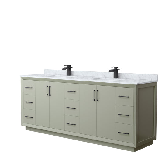 Strada 84 Inch Double Bathroom Vanity in Light Green, White Carrara Marble Countertop, Undermount Square Sinks, Matte Black Trim