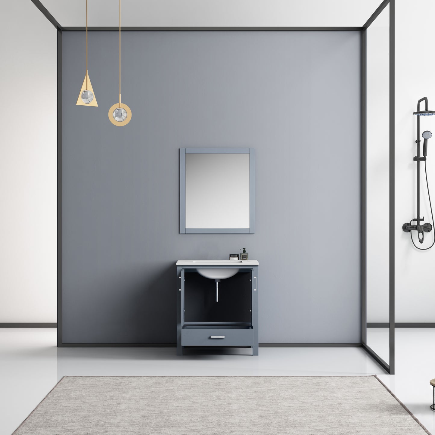 Jacques 30" Dark Grey Single Vanity, White Carrara Marble Top, White Square Sink and 28" Mirror