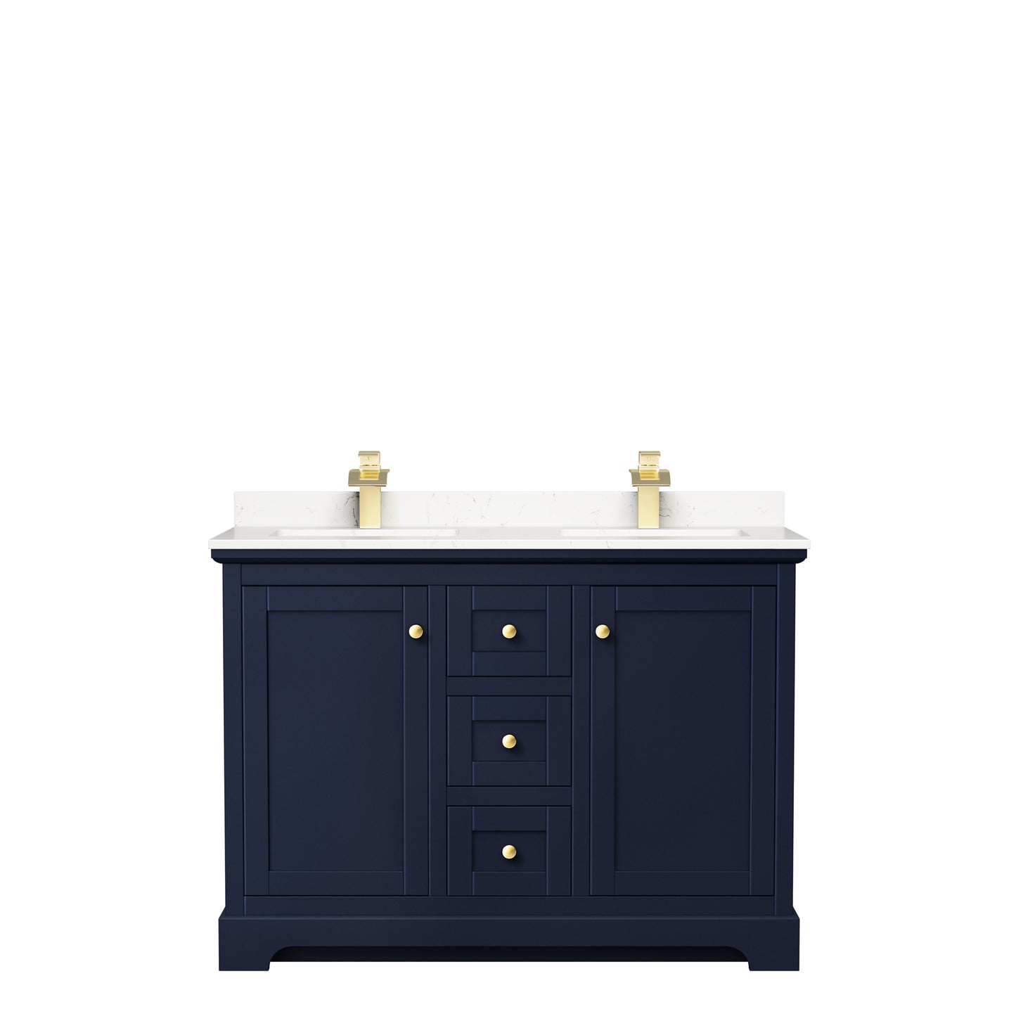 Avery 48 Inch Double Bathroom Vanity in Dark Blue, Carrara Cultured Marble Countertop, Undermount Square Sinks, No Mirror