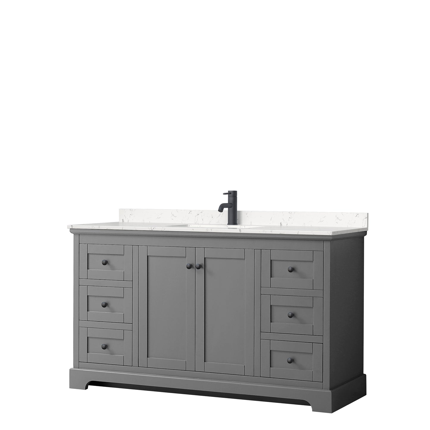 Avery 60 Inch Single Bathroom Vanity in Dark Gray, Carrara Cultured Marble Countertop, Undermount Square Sink, Matte Black Trim