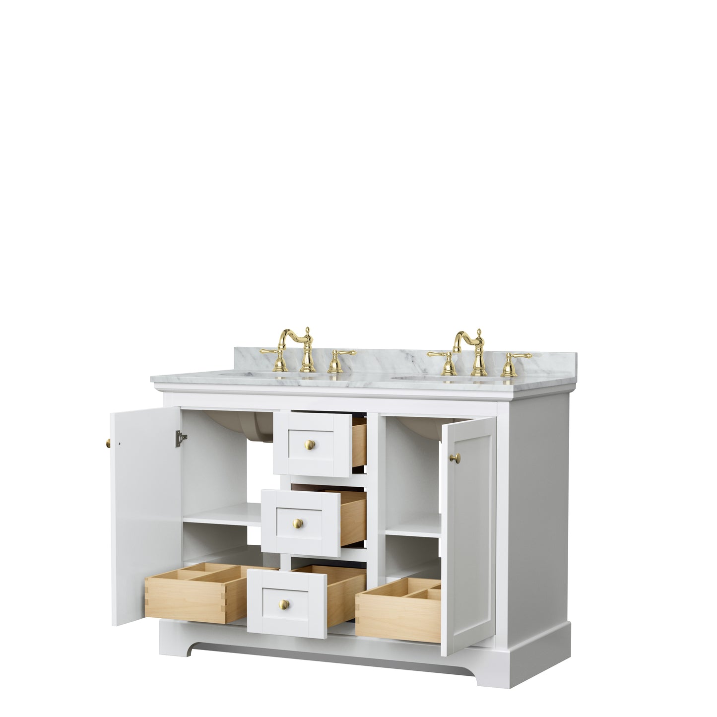 Avery 48 Inch Double Bathroom Vanity in White, White Carrara Marble Countertop, Undermount Oval Sinks, Brushed Gold Trim